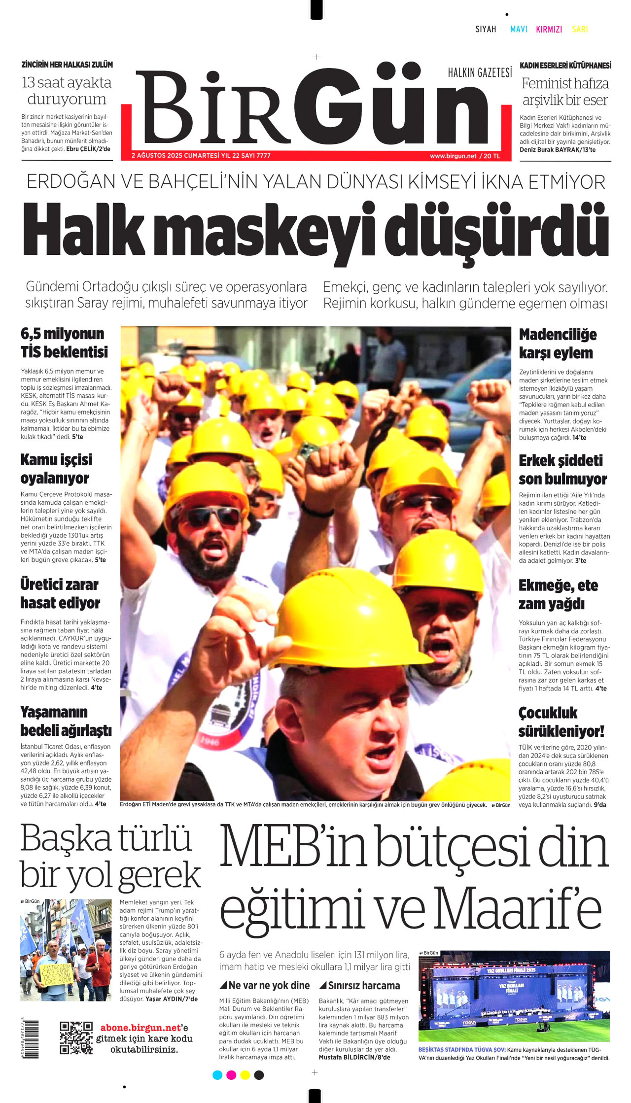 BİRGÜN gazetesinin 2 Ağustos 2025 tarihli birinci sayfası