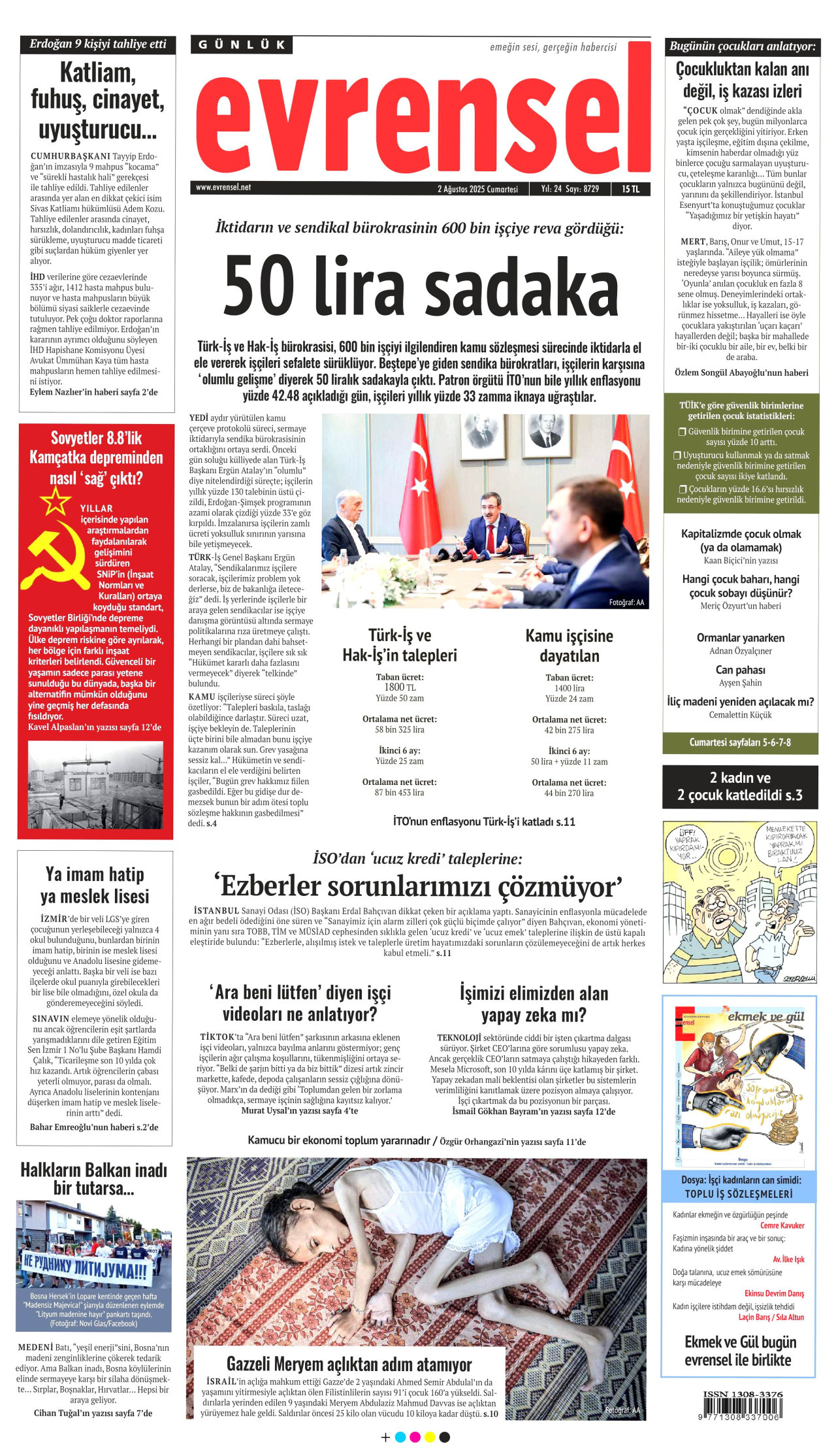 EVRENSEL gazetesinin 2 Ağustos 2025 tarihli birinci sayfası