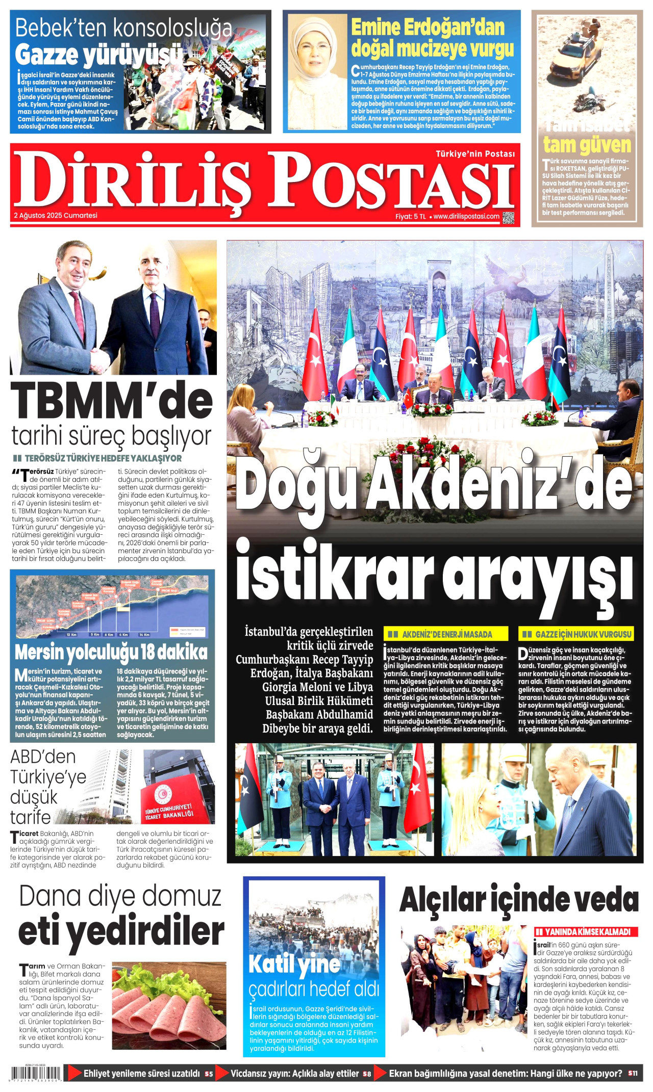 DİRİLİŞ POSTASI gazetesinin 2 Ağustos 2025 tarihli birinci sayfası