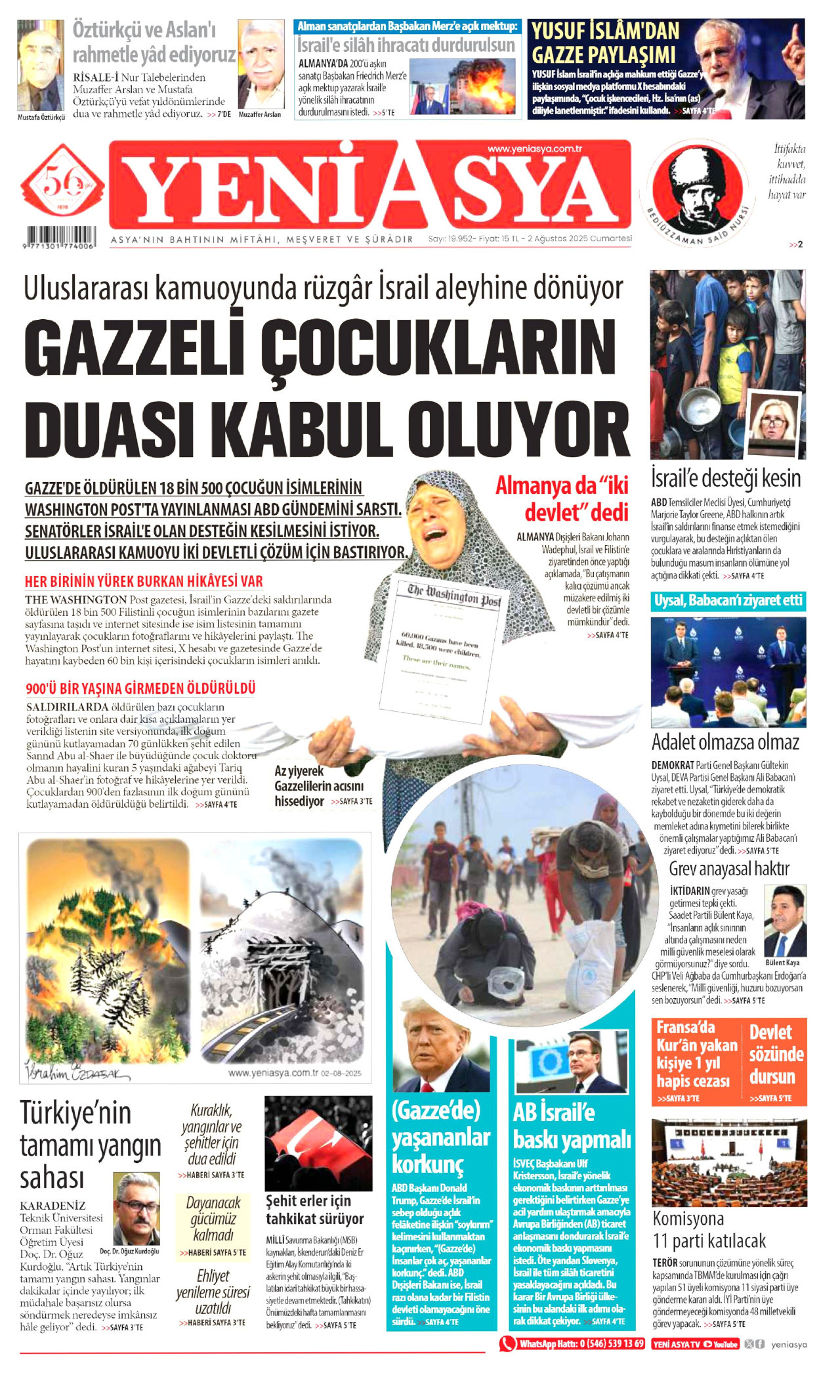 YENİ ASYA gazetesinin 2 Ağustos 2025 tarihli birinci sayfası