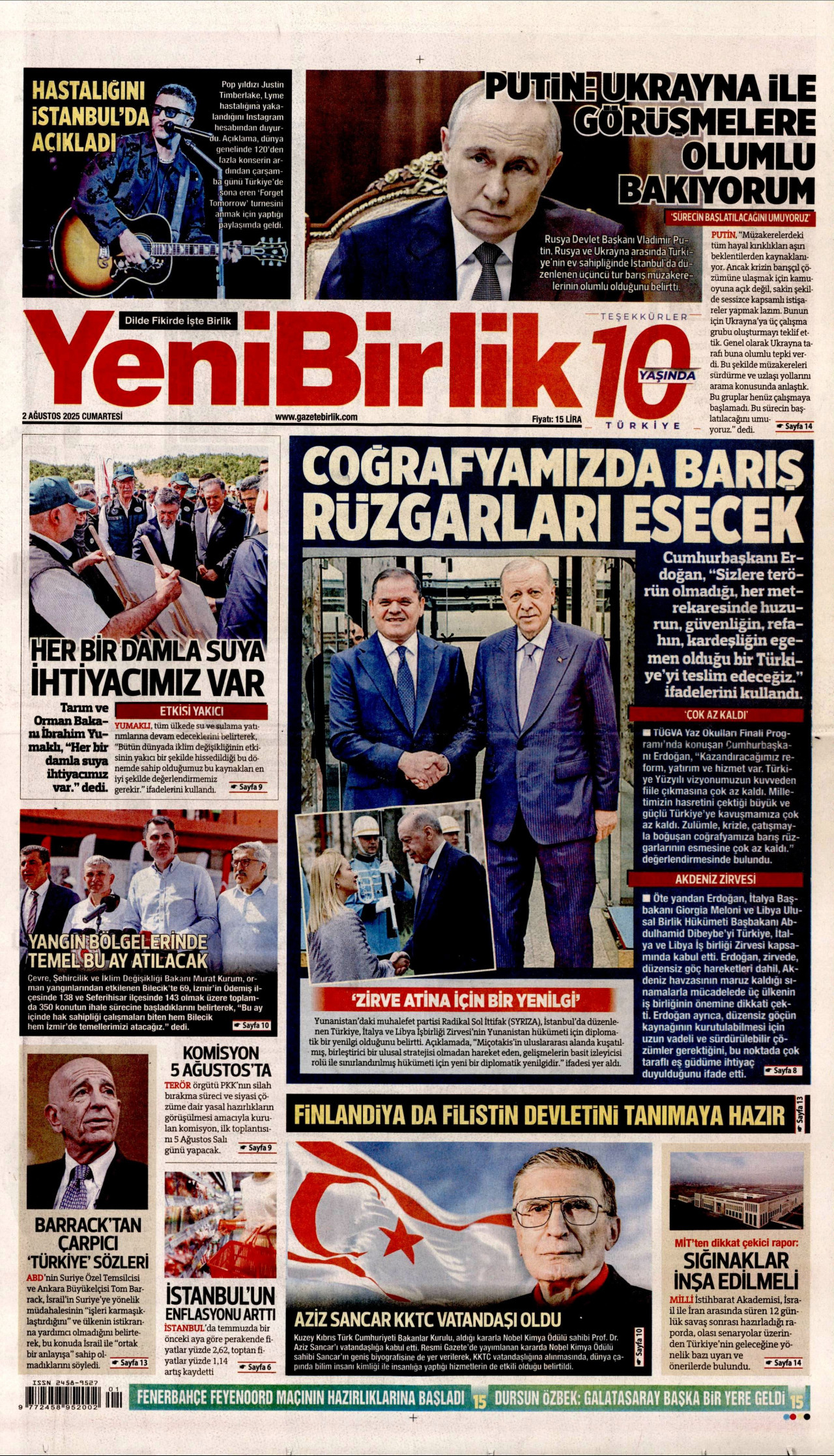 YENİBİRLİK gazetesinin 2 Ağustos 2025 tarihli birinci sayfası