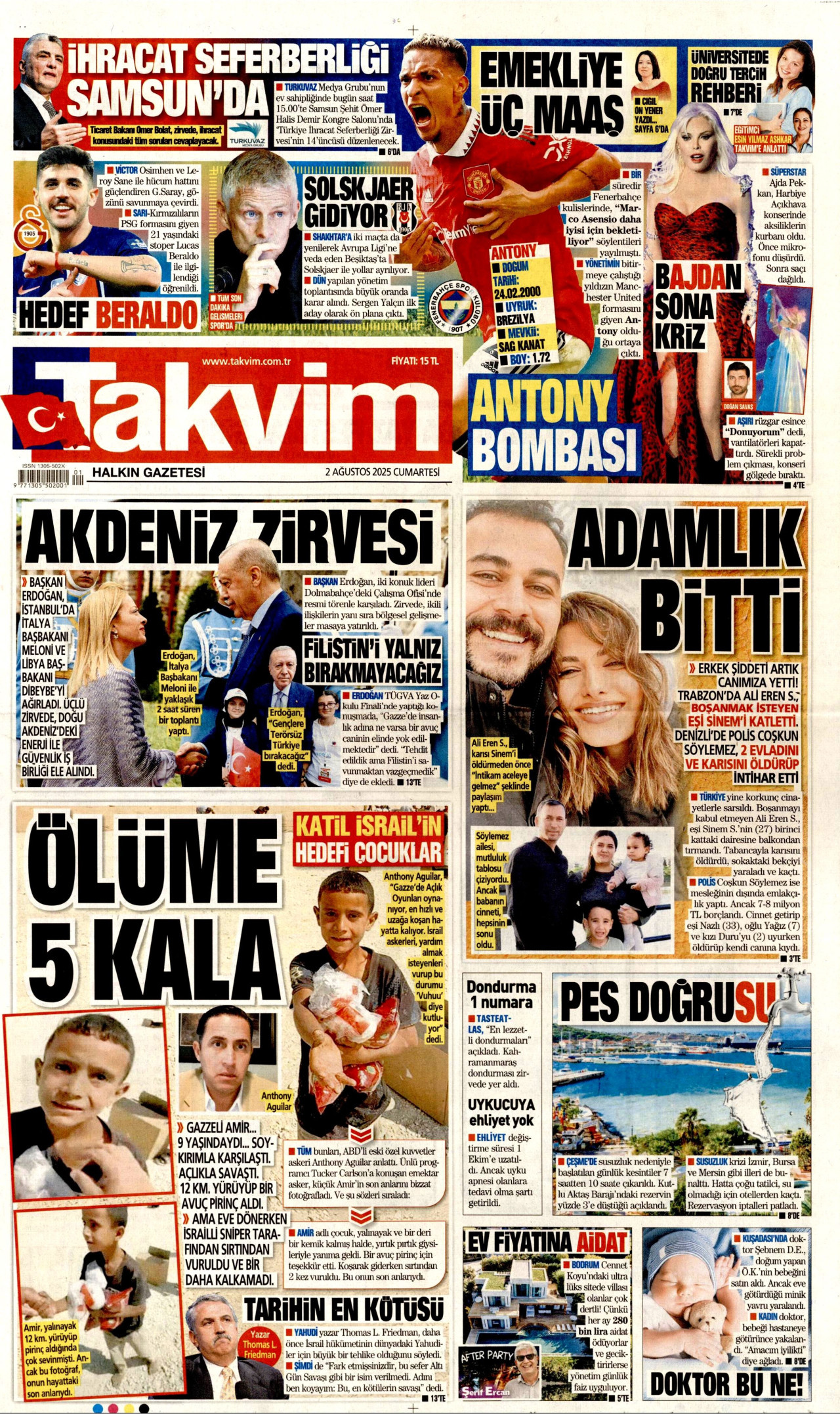 TAKVİM gazetesinin 2 Ağustos 2025 tarihli birinci sayfası