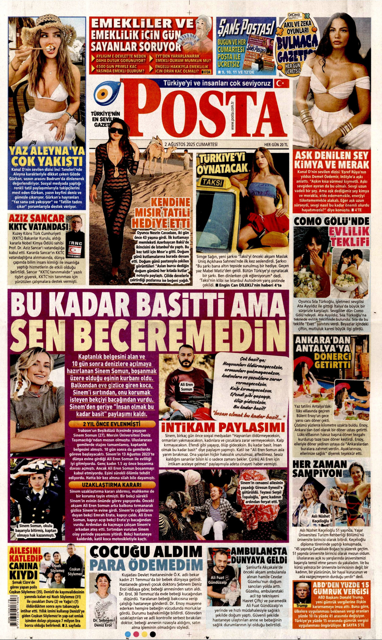 POSTA gazetesinin 2 Ağustos 2025 tarihli birinci sayfası