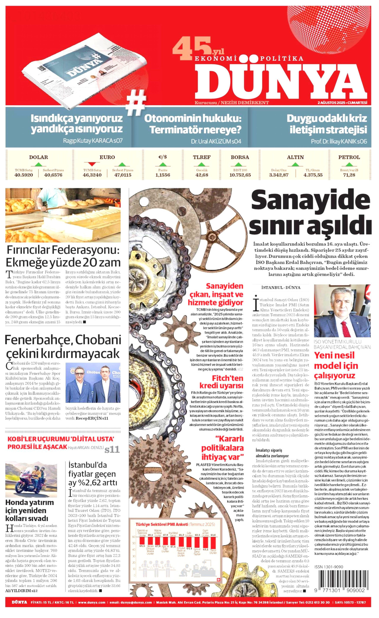 DÜNYA gazetesinin 2 Ağustos 2025 tarihli birinci sayfası