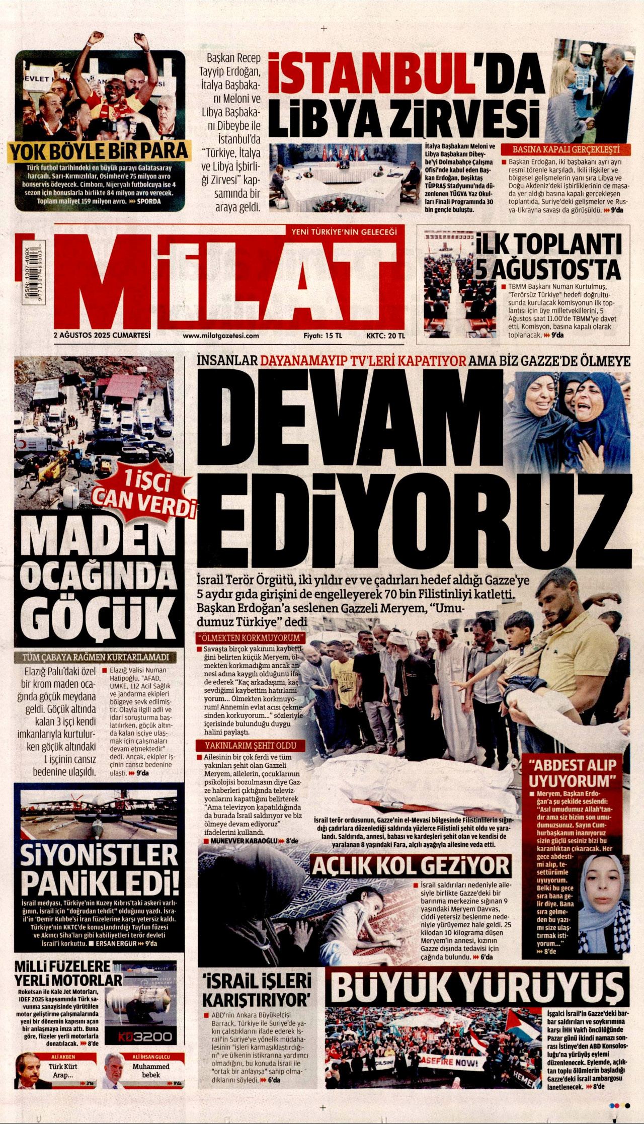 MİLAT gazetesinin 2 Ağustos 2025 tarihli birinci sayfası