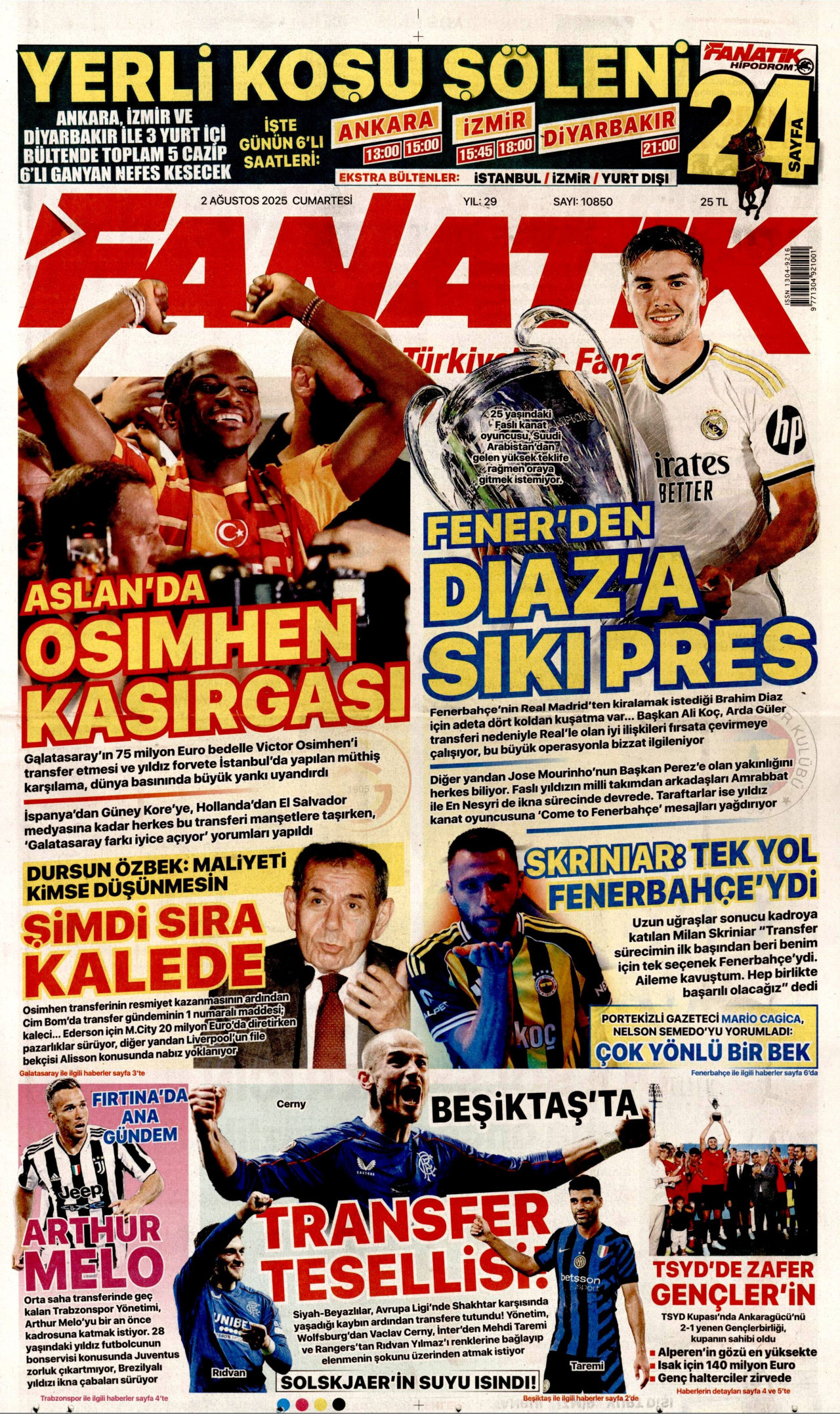 FANATİK gazetesinin 2 Ağustos 2025 tarihli birinci sayfası