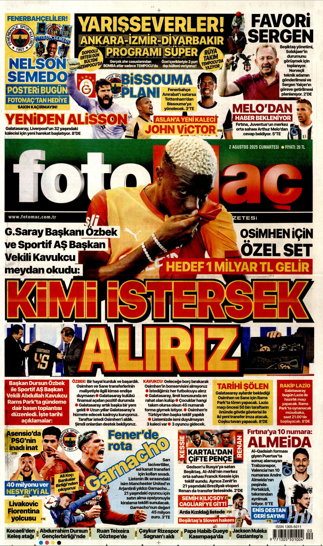 FOTOMAÇ gazetesinin 2 Ağustos 2025 tarihli birinci sayfası