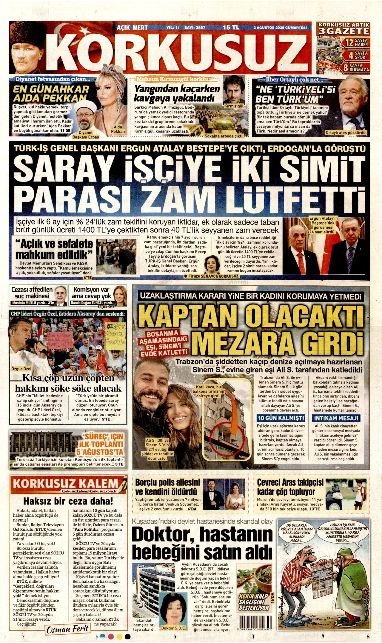 KORKUSUZ gazetesinin 2 Ağustos 2025 tarihli birinci sayfası