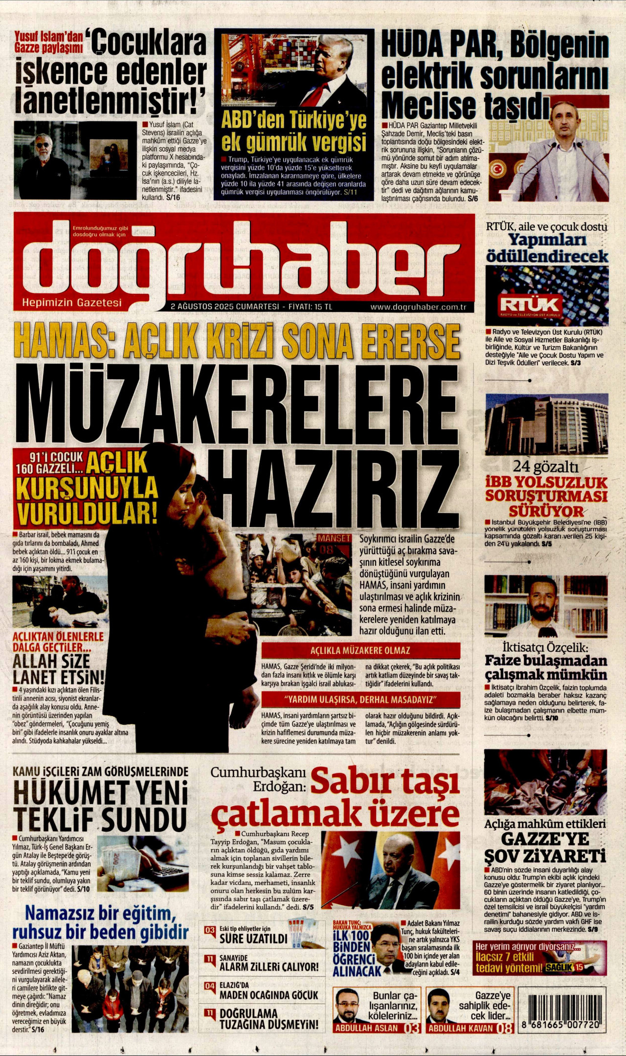 DOĞRU HABER gazetesinin 2 Ağustos 2025 tarihli birinci sayfası