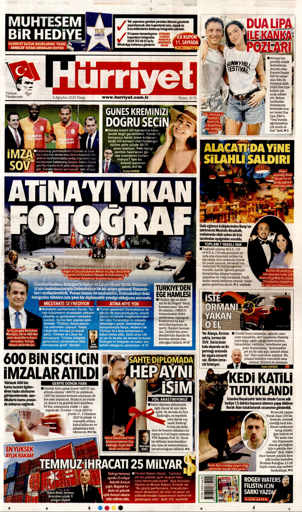 HÜRRİYET gazetesinin 3 Ağustos 2025 tarihli birinci sayfası