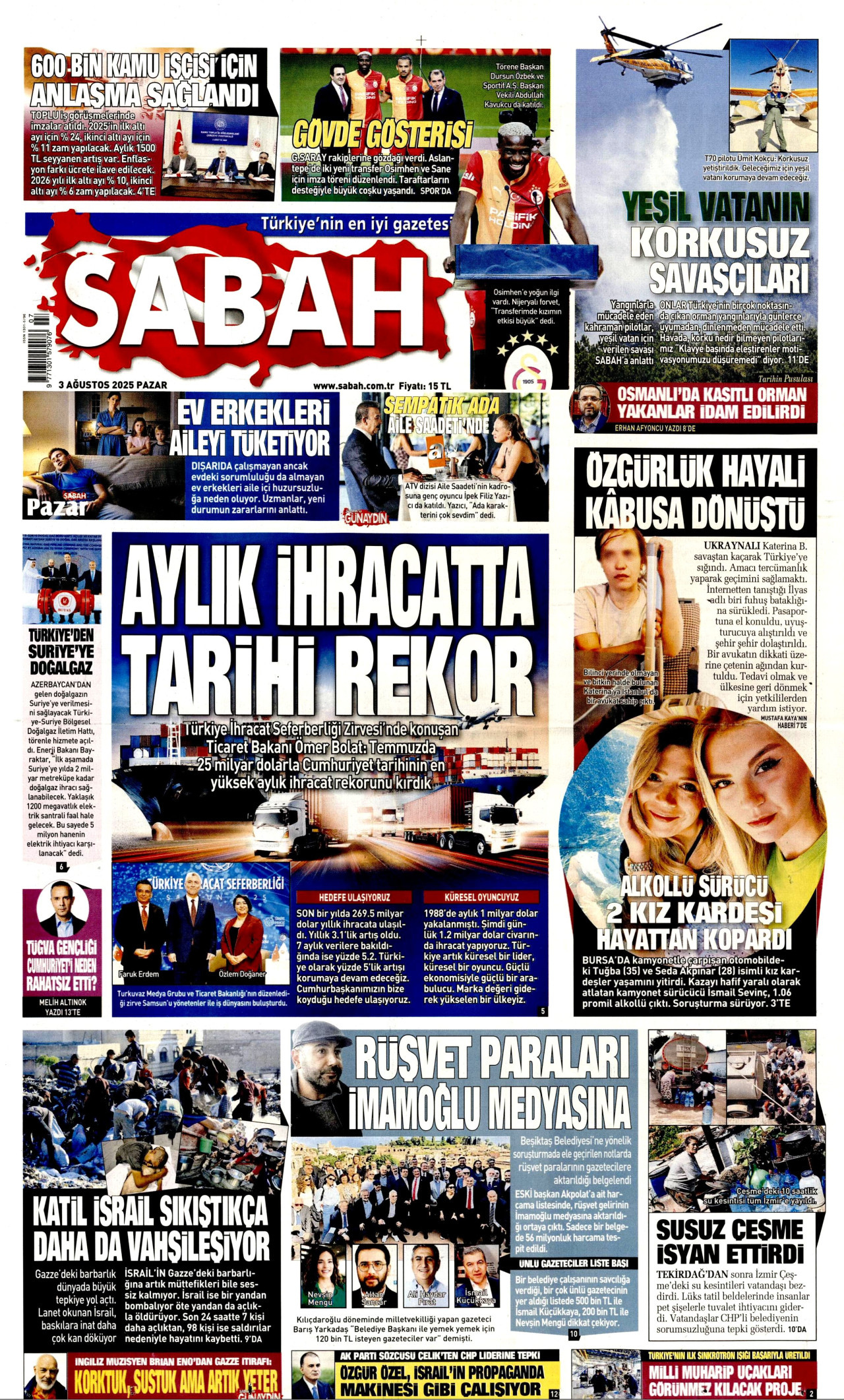 SABAH gazetesinin 3 Ağustos 2025 tarihli birinci sayfası