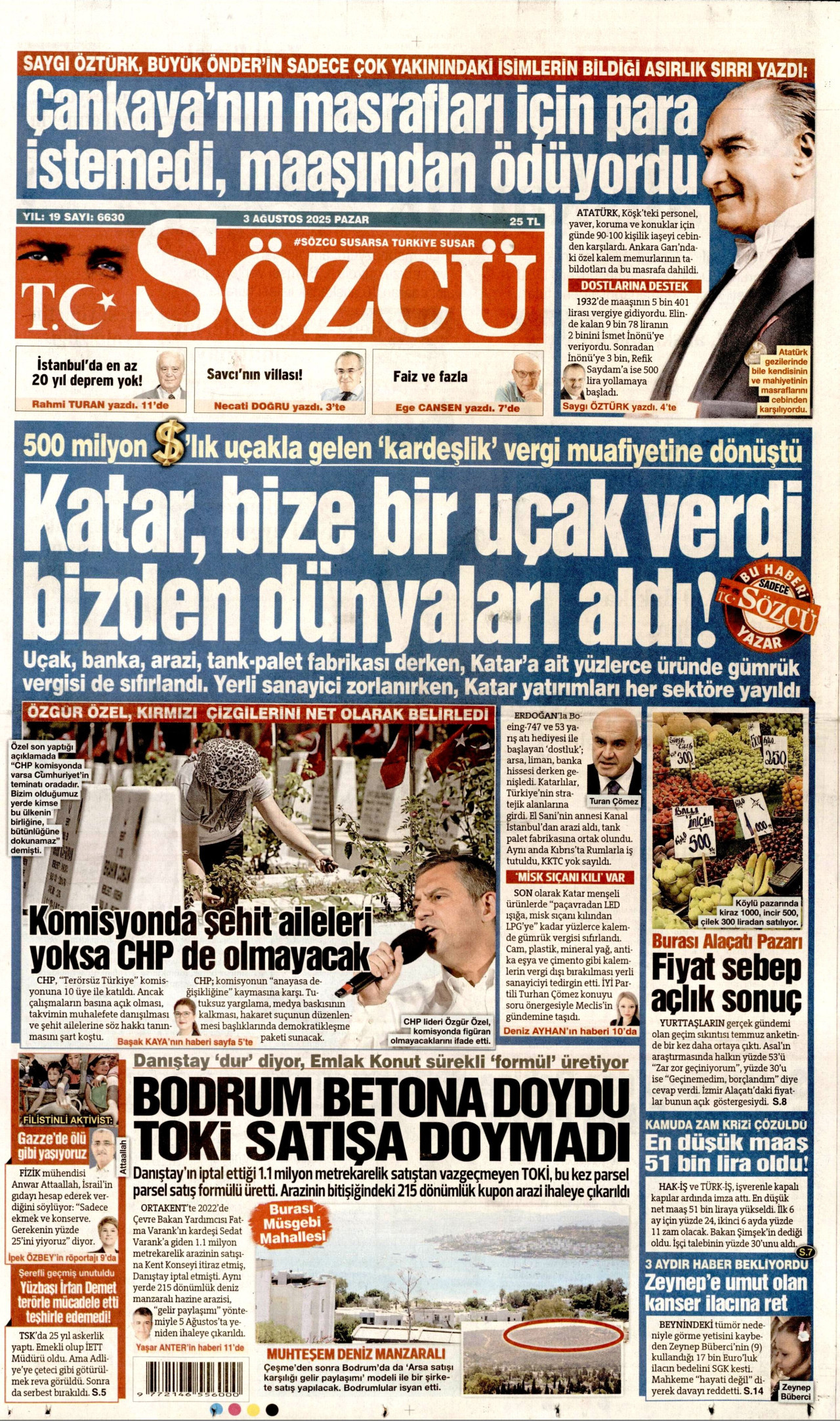 SÖZCÜ gazetesinin 3 Ağustos 2025 tarihli birinci sayfası