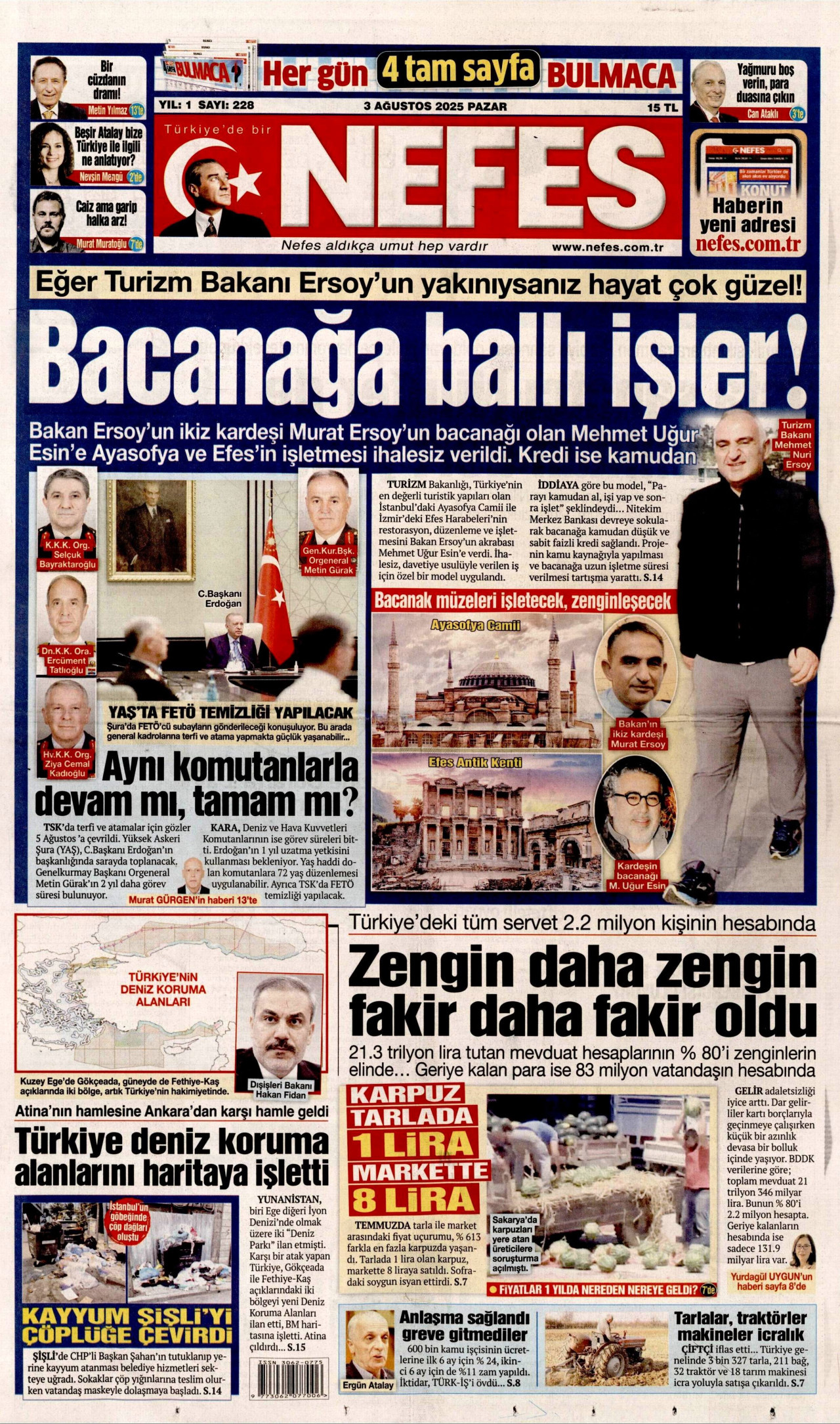 NEFES gazetesinin 3 Ağustos 2025 tarihli birinci sayfası