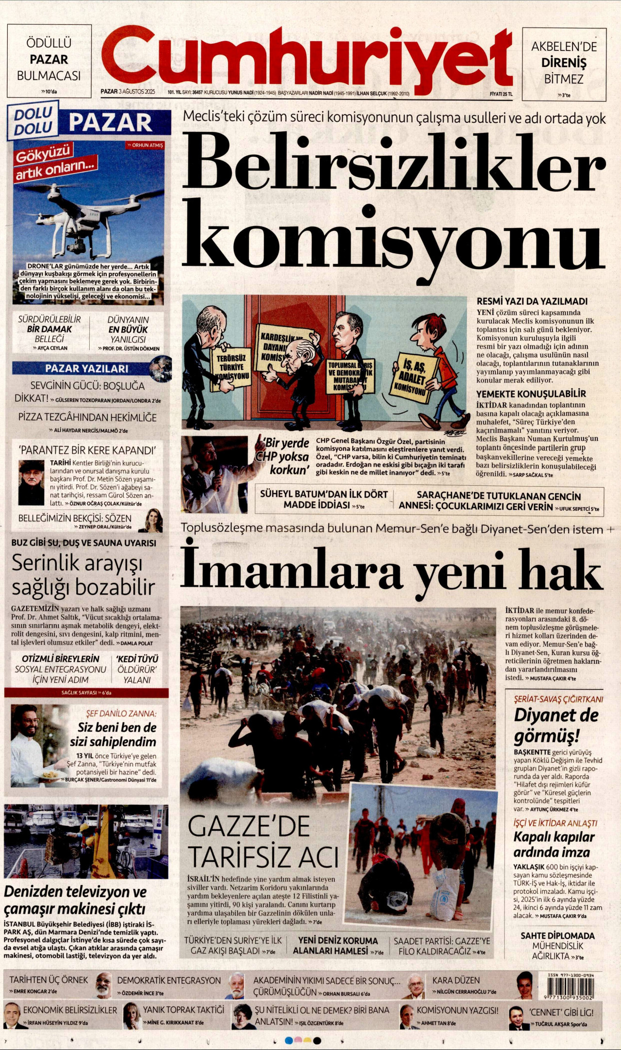 CUMHURİYET gazetesinin 3 Ağustos 2025 tarihli birinci sayfası
