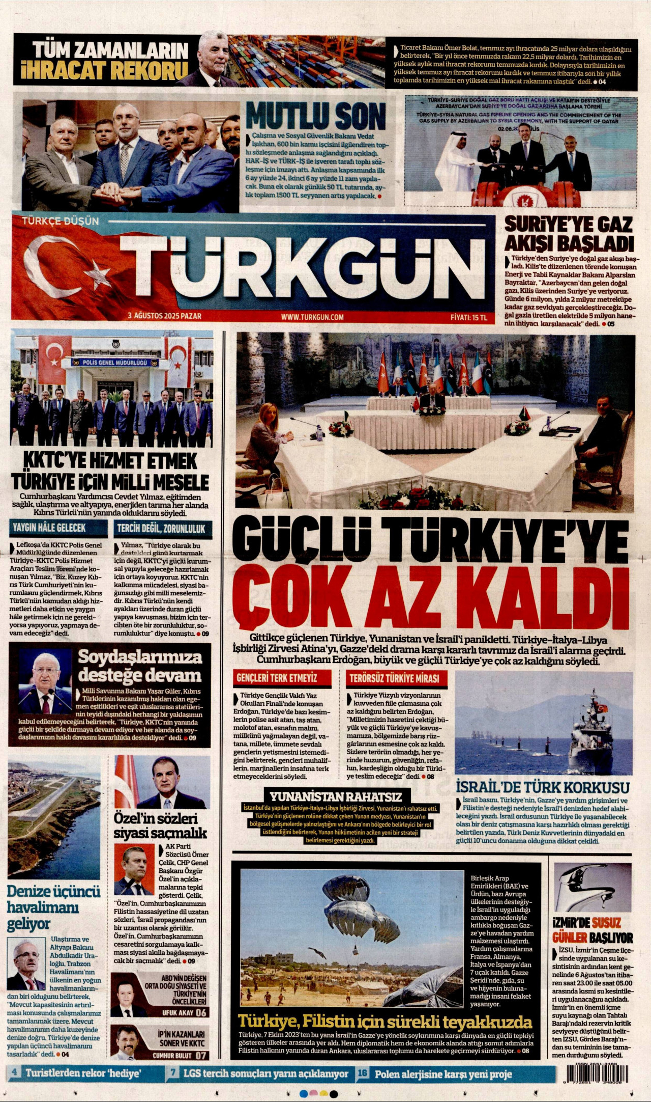 TÜRKGÜN gazetesinin 3 Ağustos 2025 tarihli birinci sayfası