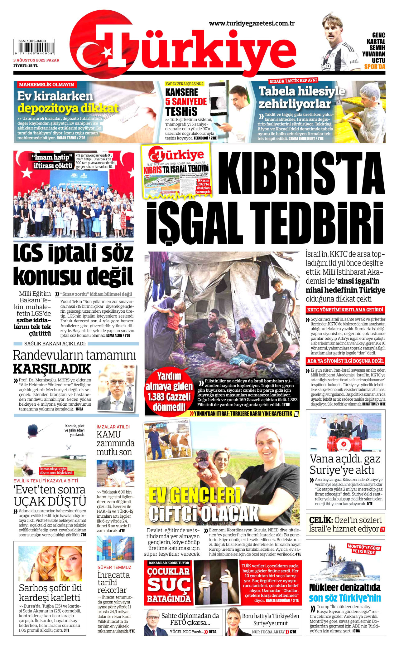 TÜRKİYE GAZETESİ gazetesinin 3 Ağustos 2025 tarihli birinci sayfası