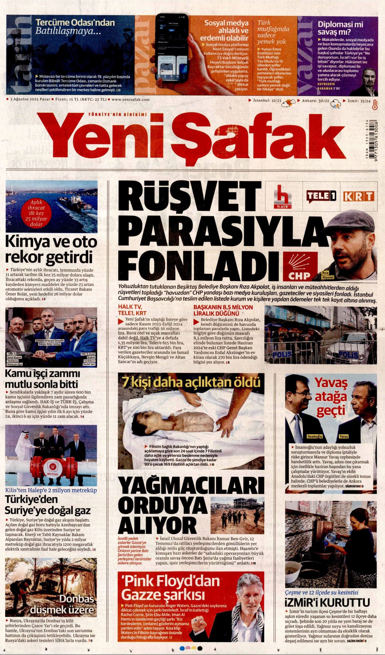 YENİ ŞAFAK gazetesinin 3 Ağustos 2025 tarihli birinci sayfası