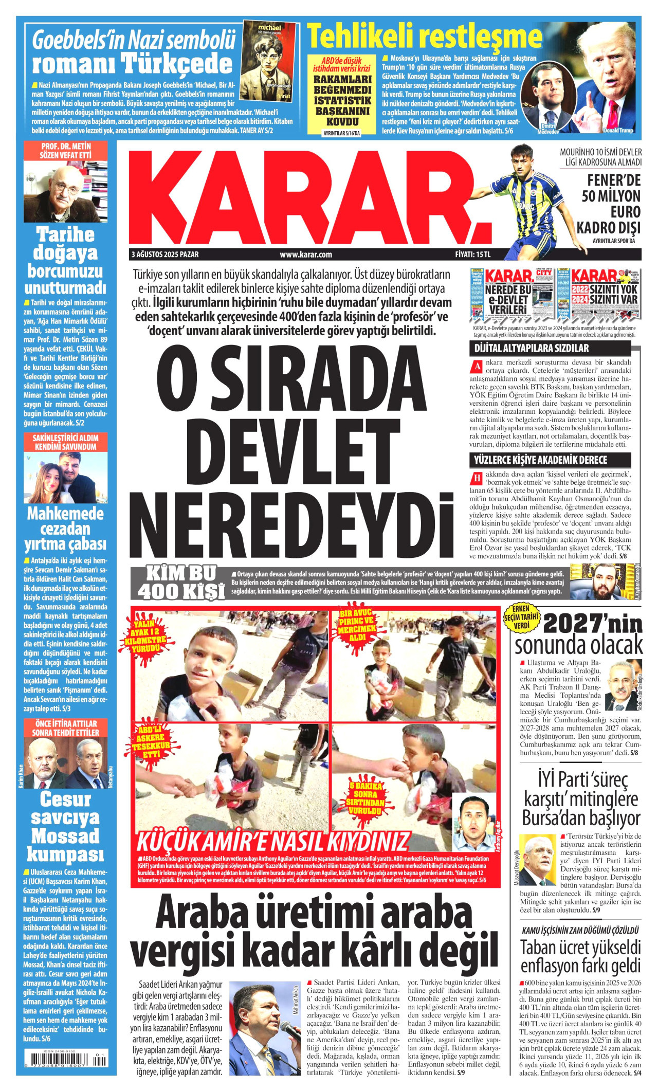 KARAR gazetesinin 3 Ağustos 2025 tarihli birinci sayfası