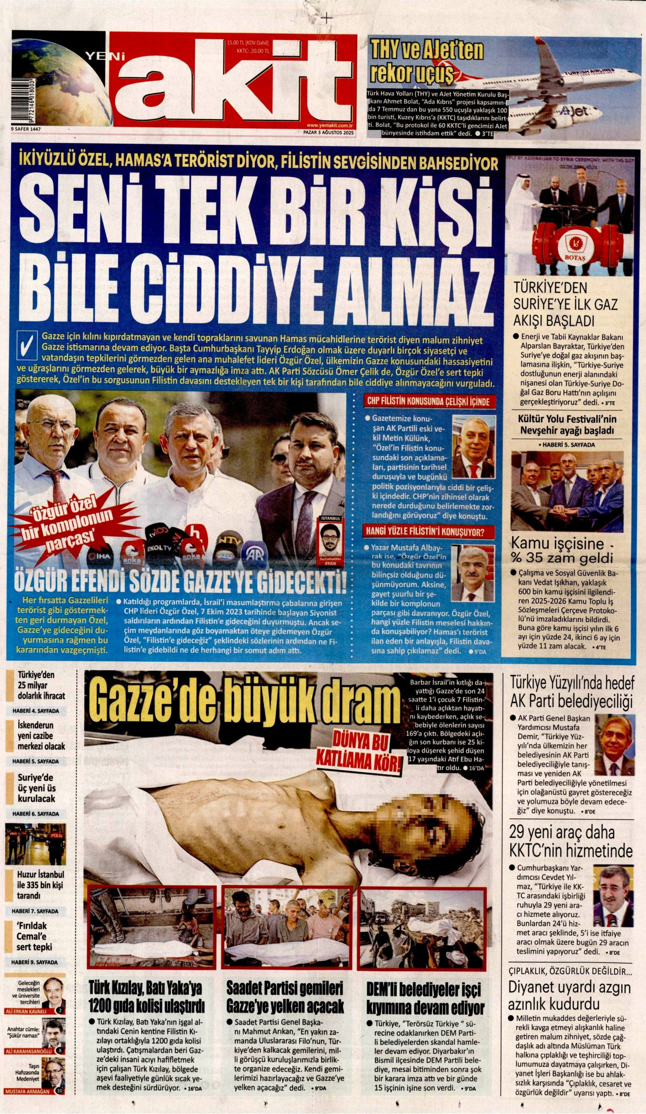 YENİ AKİT gazetesinin 3 Ağustos 2025 tarihli birinci sayfası
