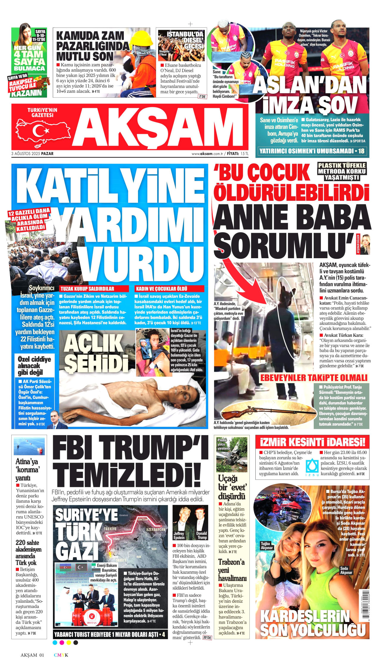AKŞAM gazetesinin 3 Ağustos 2025 tarihli birinci sayfası