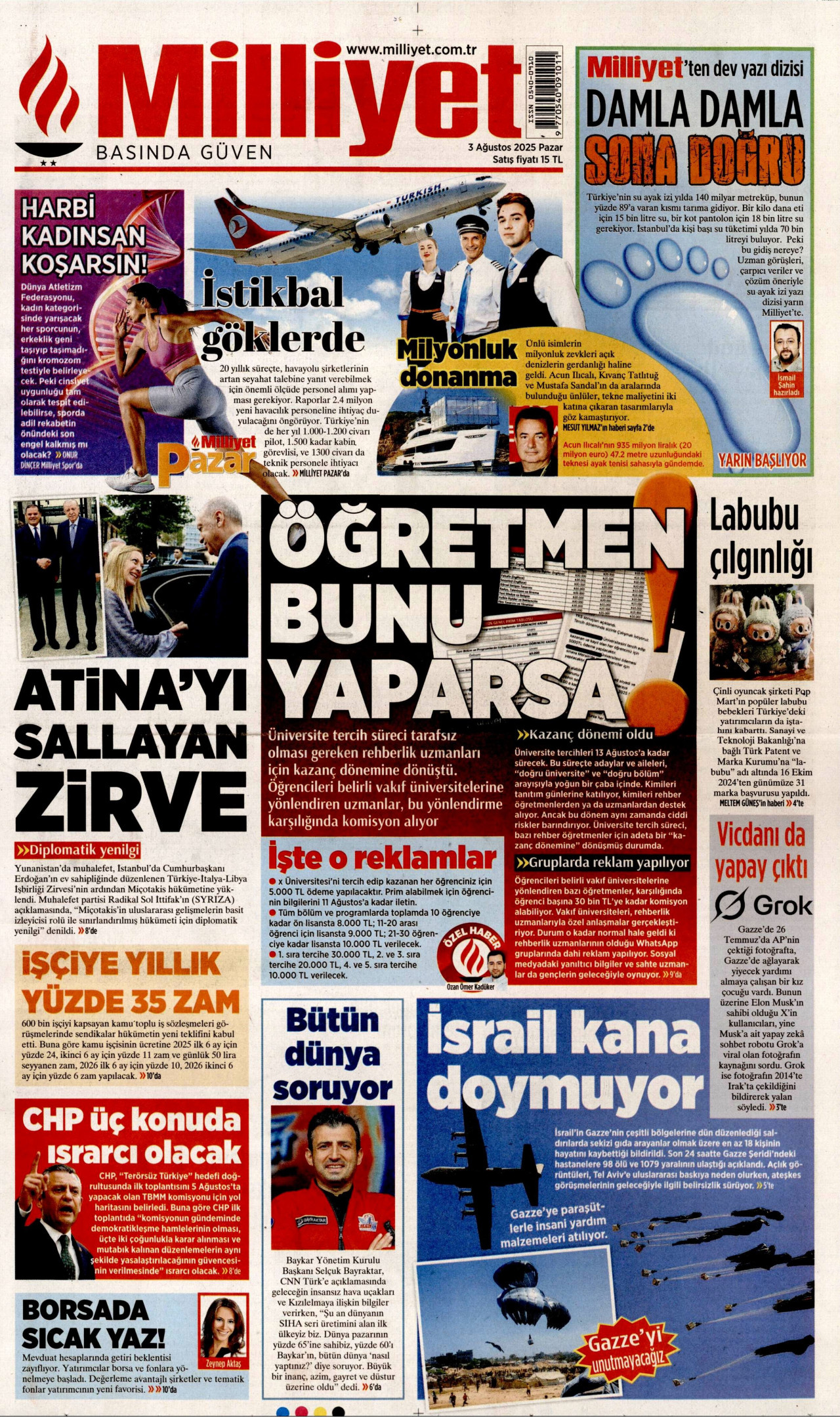 MİLLİYET gazetesinin 3 Ağustos 2025 tarihli birinci sayfası