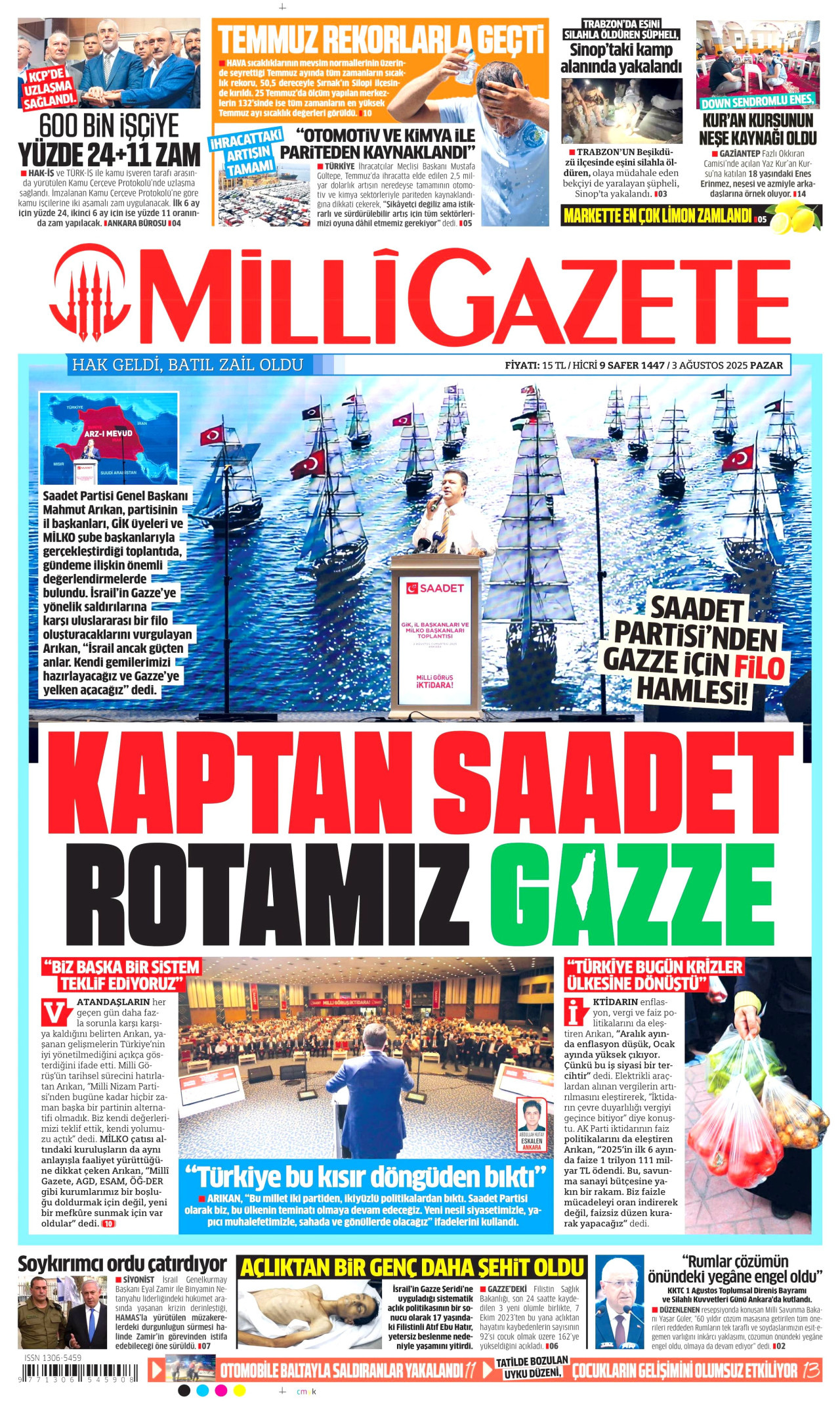 MİLLİ GAZETE gazetesinin 3 Ağustos 2025 tarihli birinci sayfası