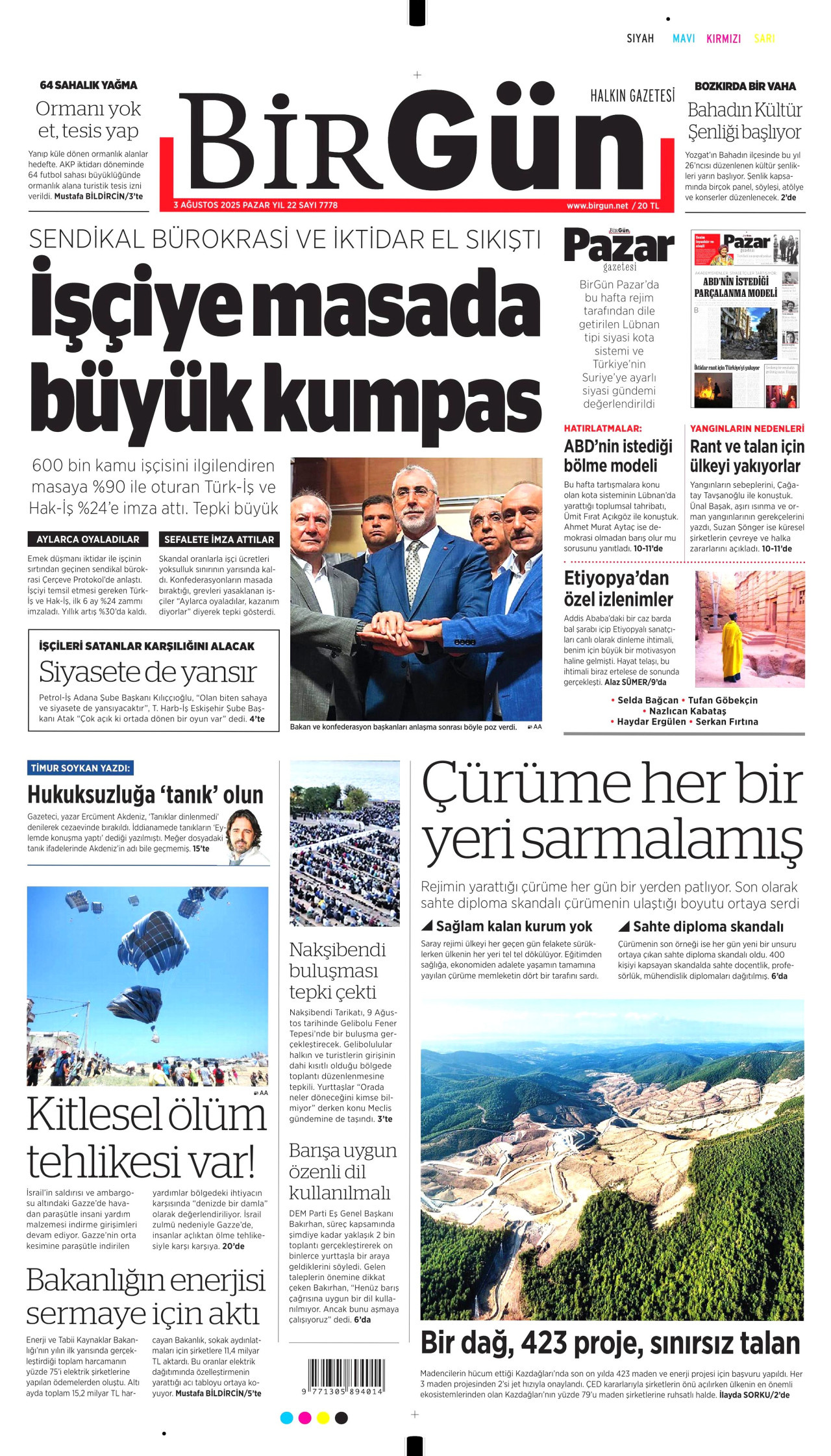 BİRGÜN gazetesinin 3 Ağustos 2025 tarihli birinci sayfası