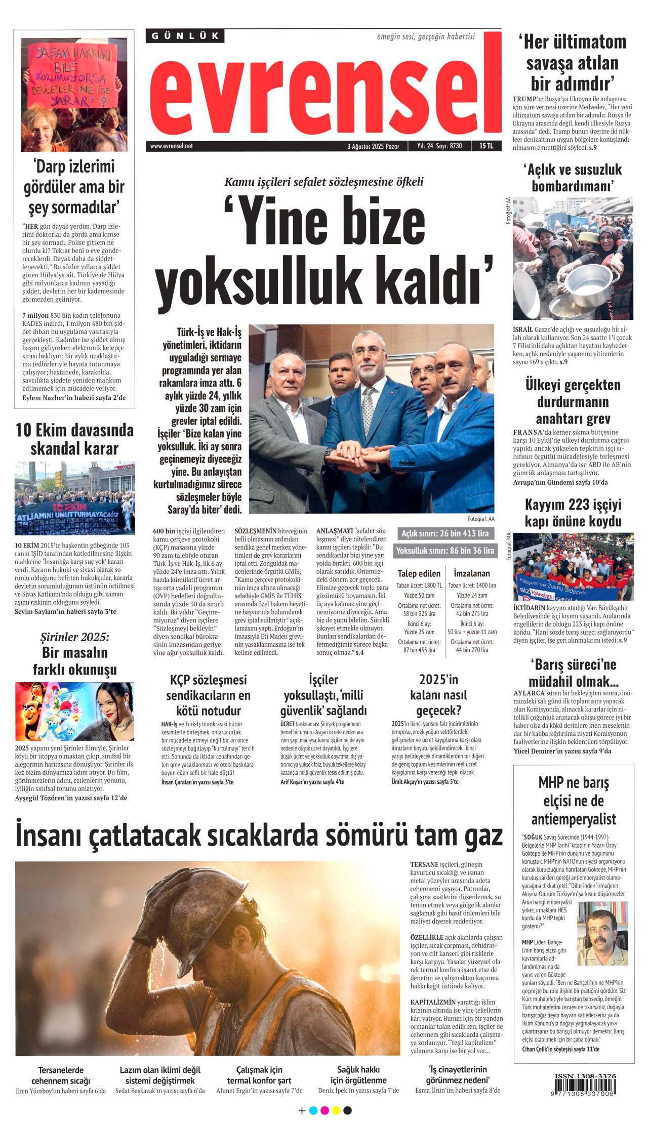 EVRENSEL gazetesinin 3 Ağustos 2025 tarihli birinci sayfası