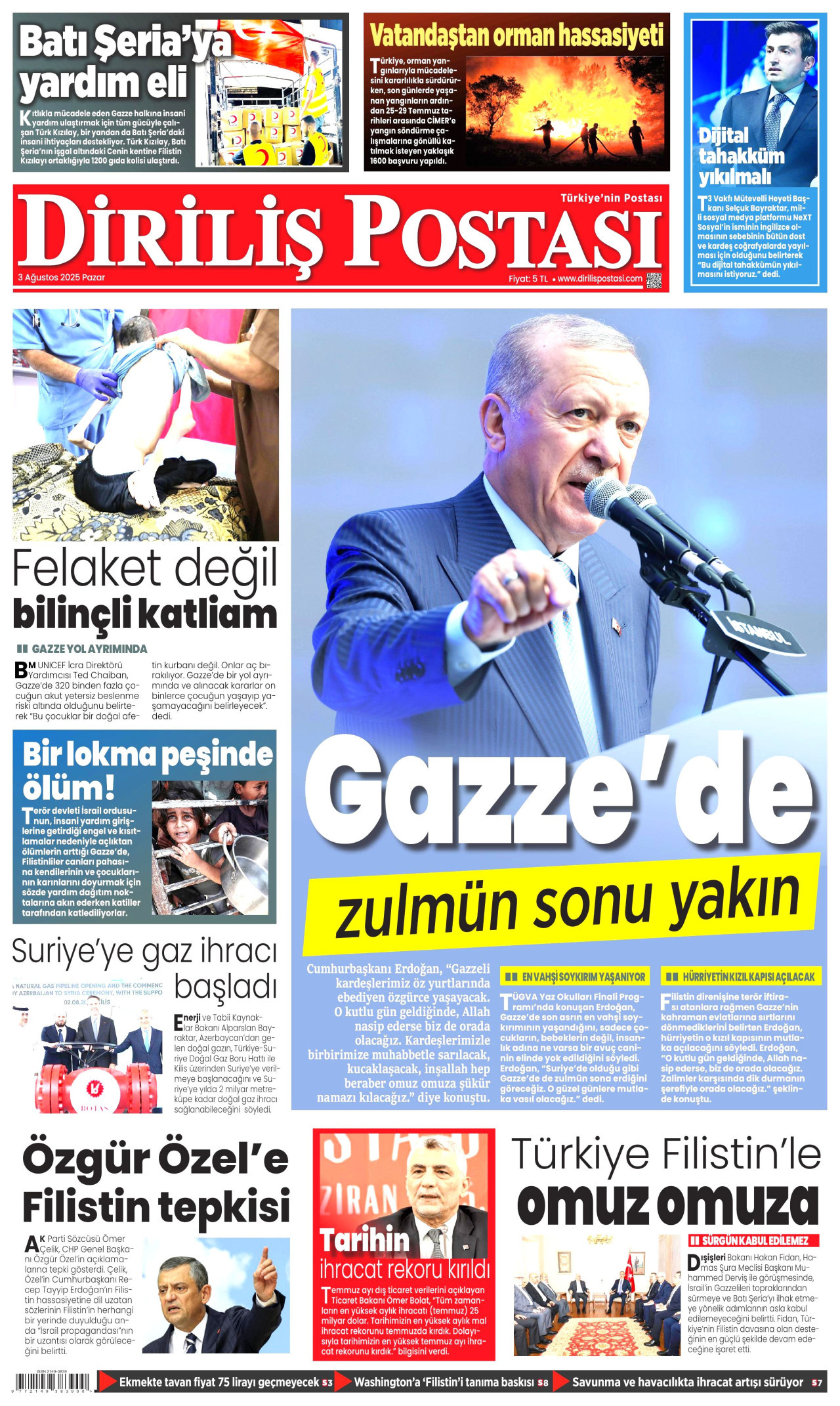 DİRİLİŞ POSTASI gazetesinin 3 Ağustos 2025 tarihli birinci sayfası