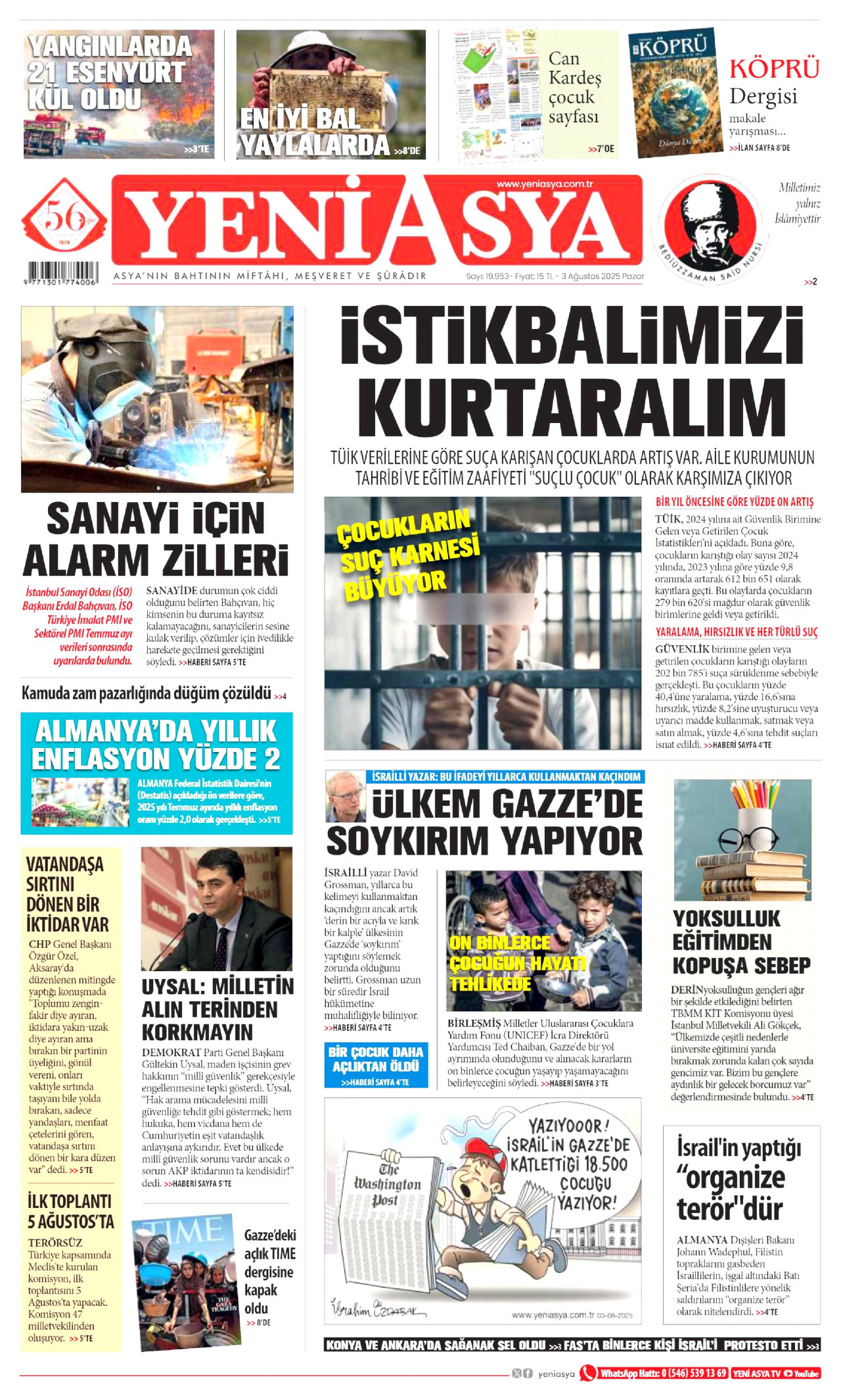 YENİ ASYA gazetesinin 3 Ağustos 2025 tarihli birinci sayfası