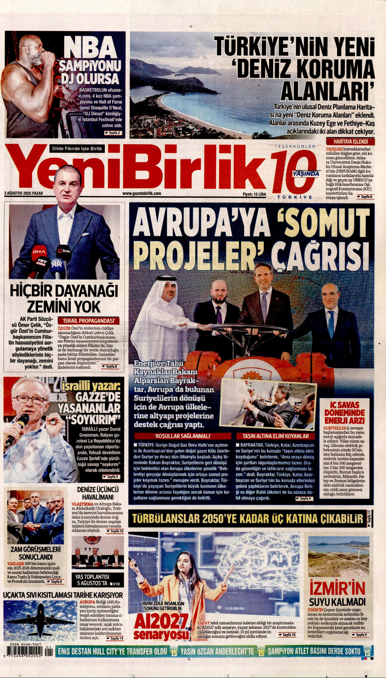 YENİBİRLİK gazetesinin 3 Ağustos 2025 tarihli birinci sayfası