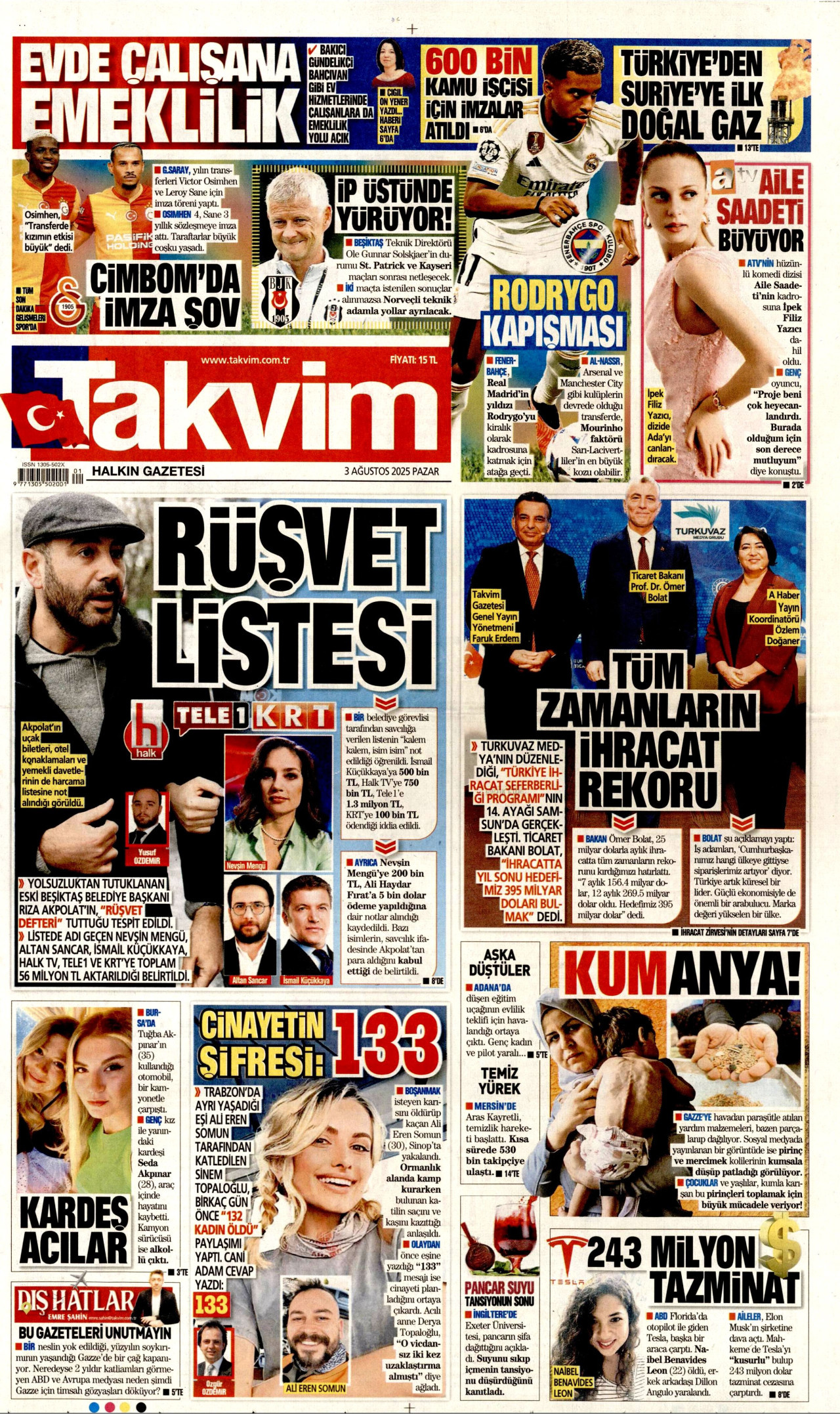 TAKVİM gazetesinin 3 Ağustos 2025 tarihli birinci sayfası