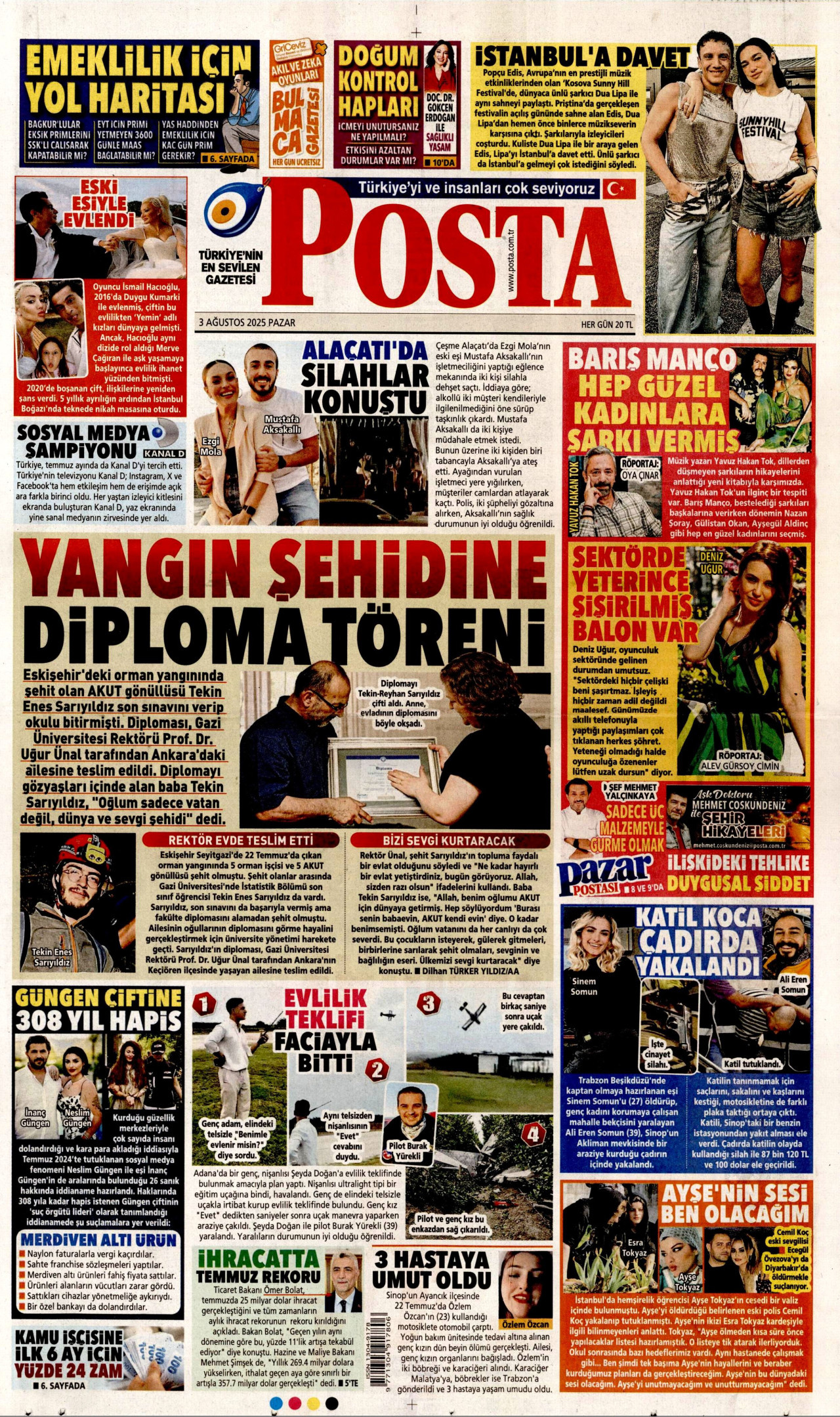 POSTA gazetesinin 3 Ağustos 2025 tarihli birinci sayfası