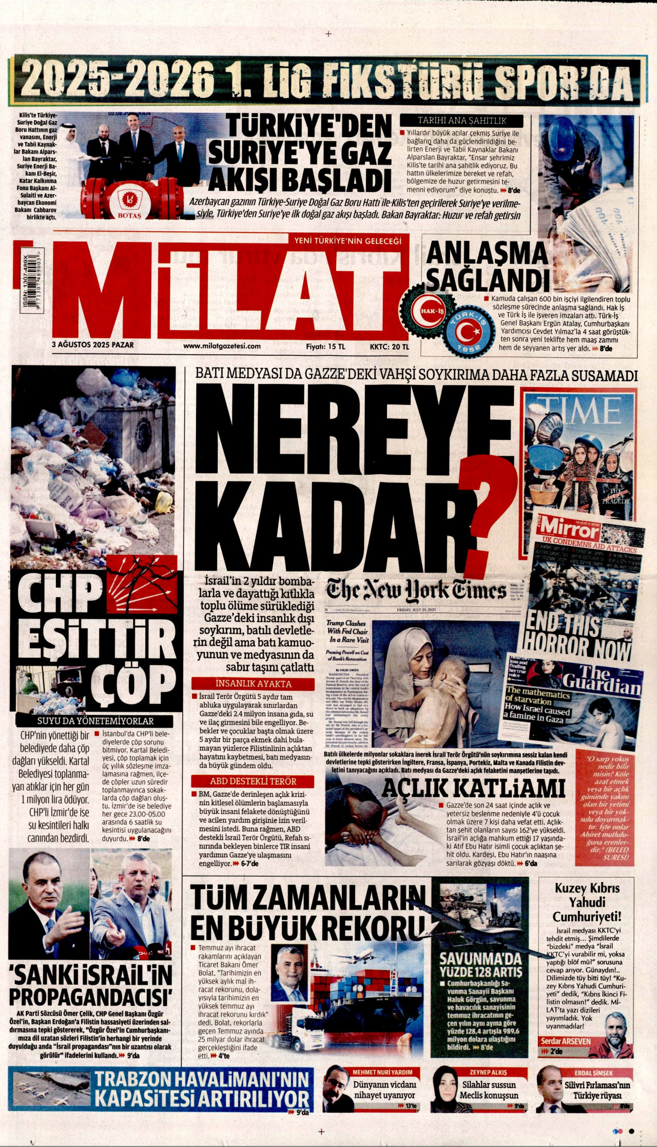MİLAT gazetesinin 3 Ağustos 2025 tarihli birinci sayfası
