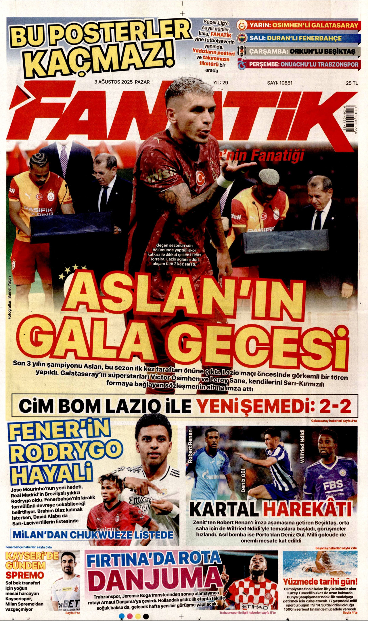 FANATİK gazetesinin 3 Ağustos 2025 tarihli birinci sayfası