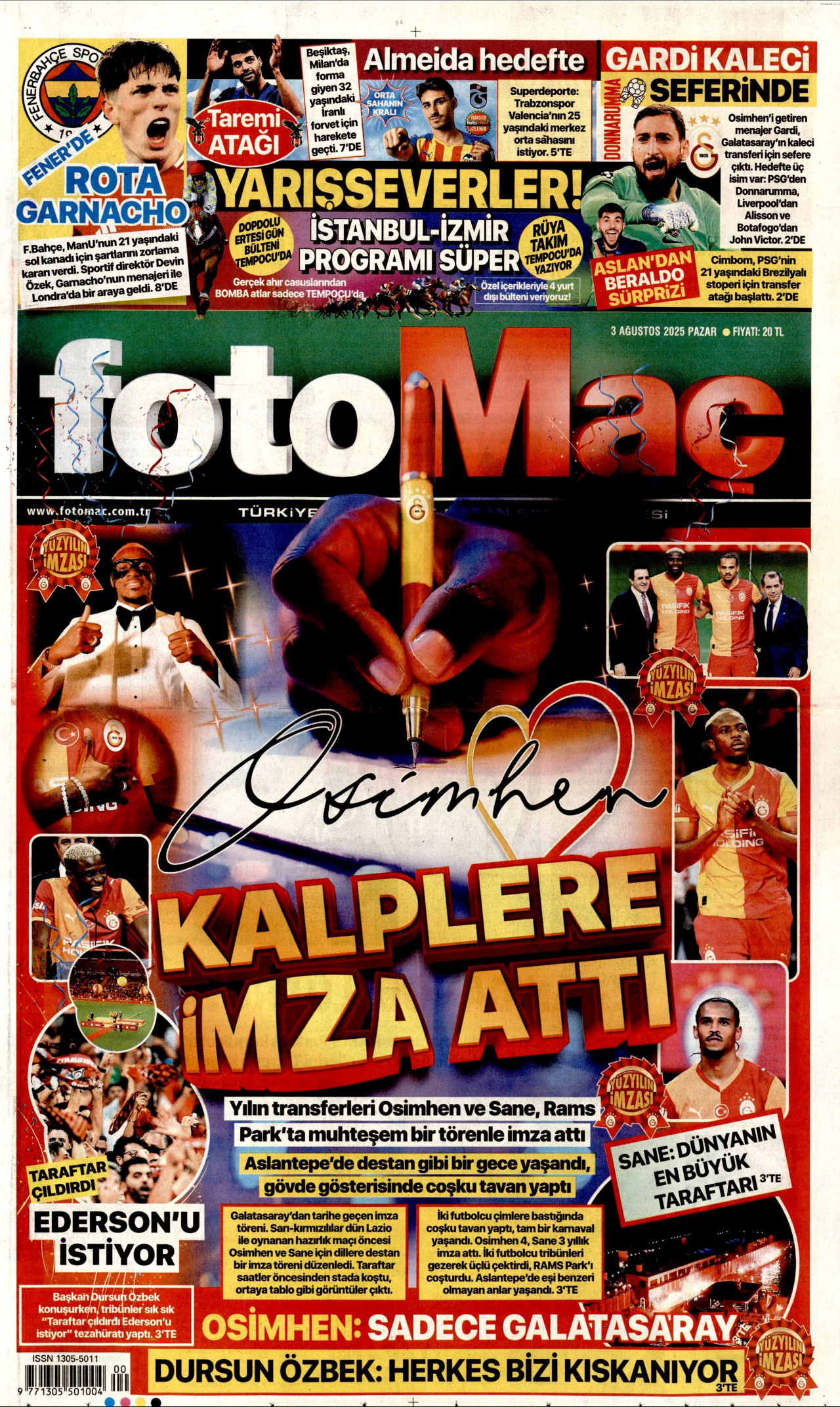 FOTOMAÇ gazetesinin 3 Ağustos 2025 tarihli birinci sayfası