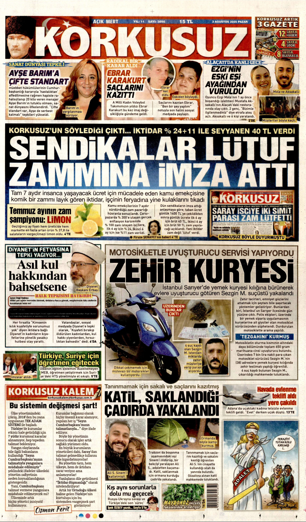 KORKUSUZ gazetesinin 3 Ağustos 2025 tarihli birinci sayfası