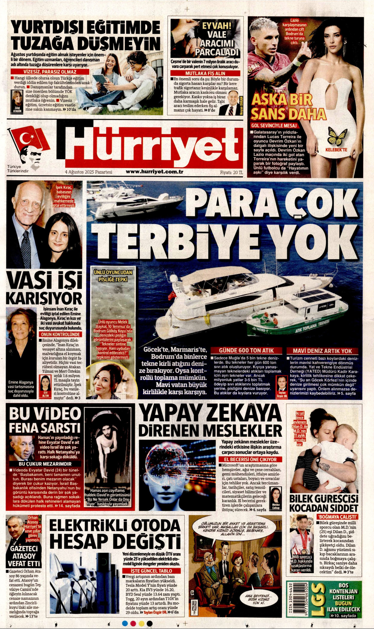 HÜRRİYET gazetesinin 4 Ağustos 2025 tarihli birinci sayfası