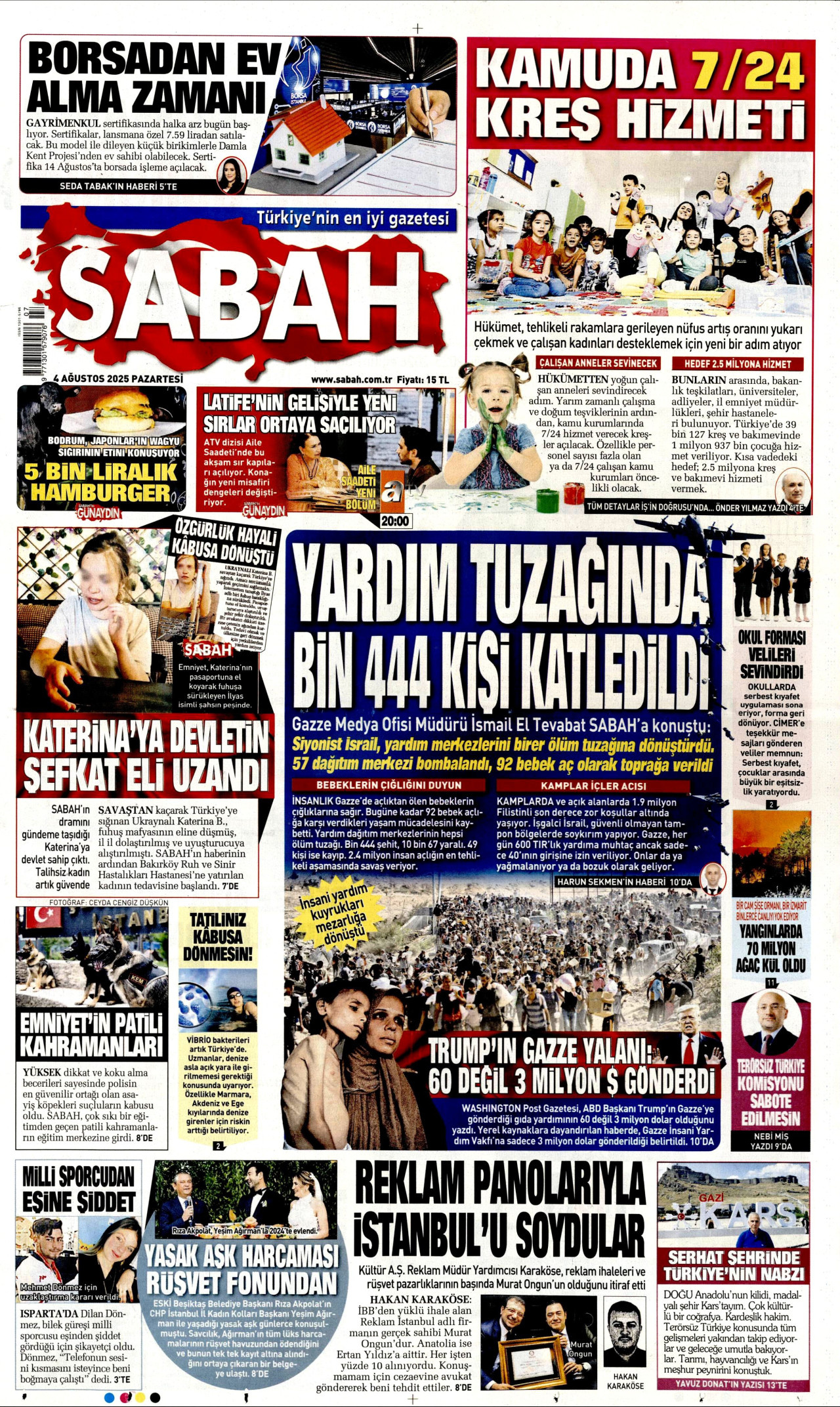 SABAH gazetesinin 4 Ağustos 2025 tarihli birinci sayfası