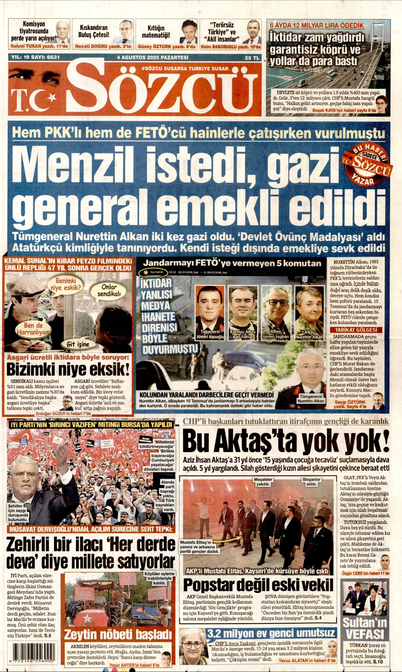 SÖZCÜ gazetesinin 4 Ağustos 2025 tarihli birinci sayfası
