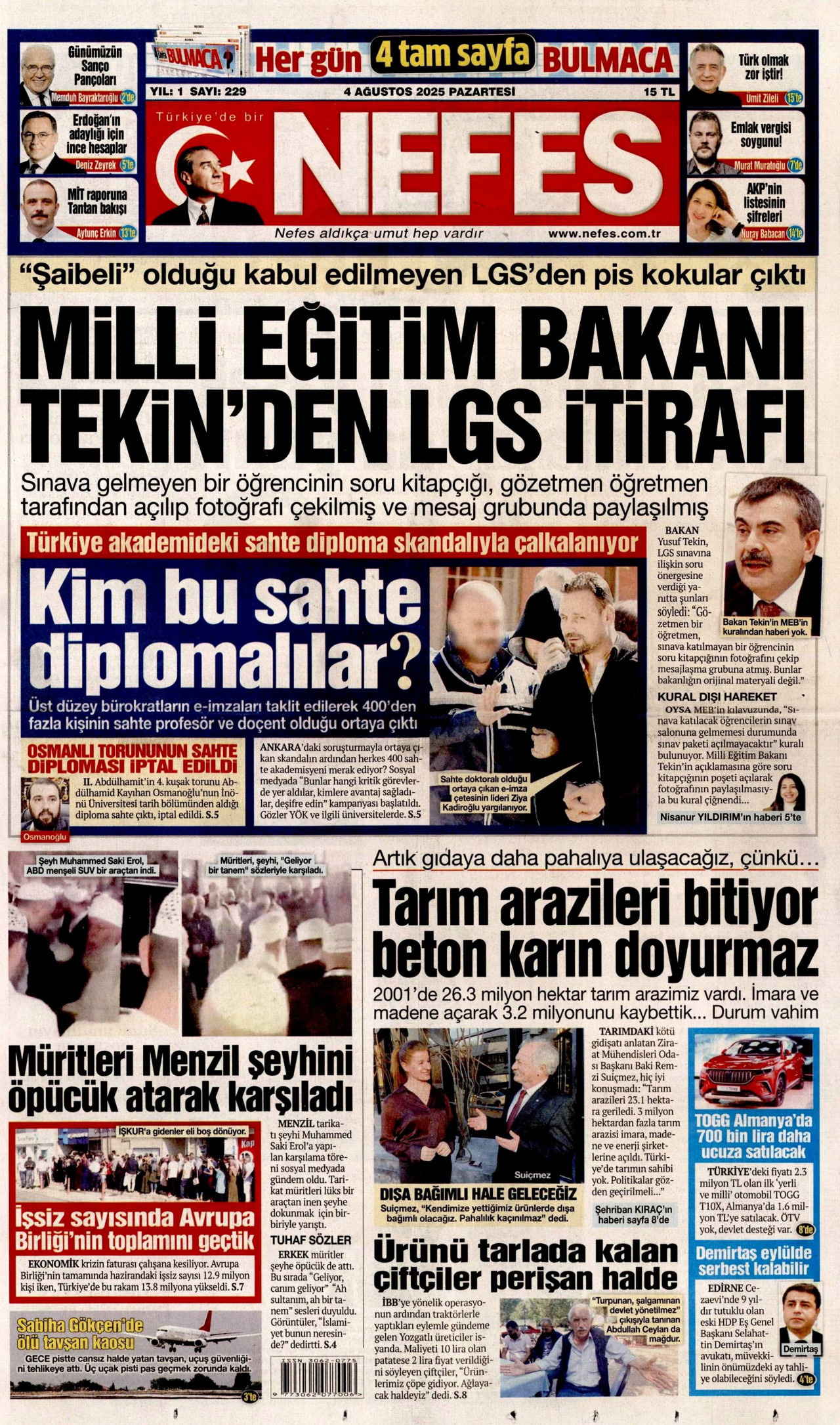 NEFES gazetesinin 4 Ağustos 2025 tarihli birinci sayfası