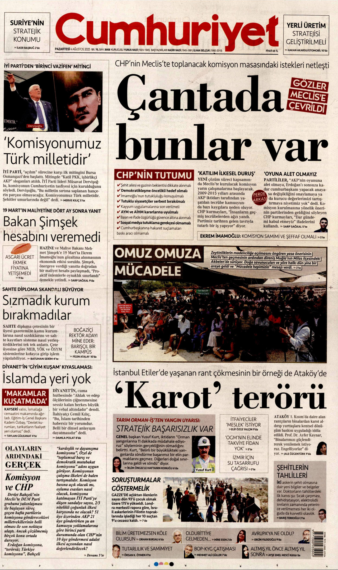 CUMHURİYET gazetesinin 4 Ağustos 2025 tarihli birinci sayfası