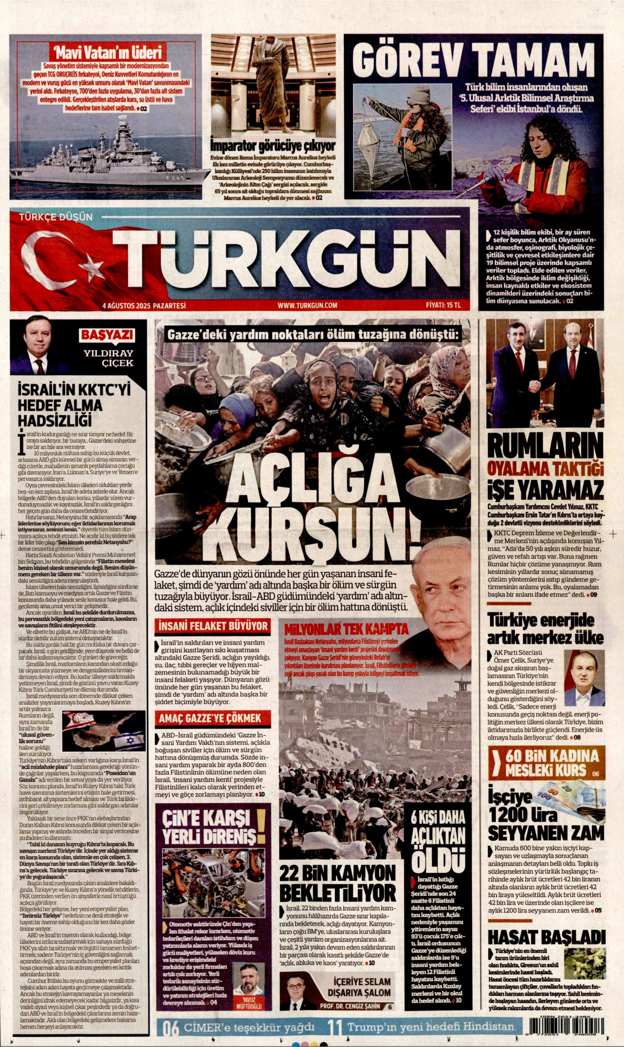 TÜRKGÜN gazetesinin 4 Ağustos 2025 tarihli birinci sayfası