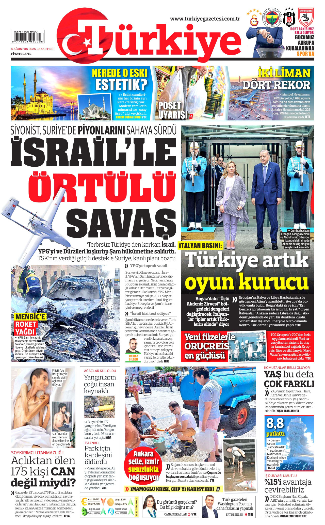 TÜRKİYE GAZETESİ gazetesinin 4 Ağustos 2025 tarihli birinci sayfası