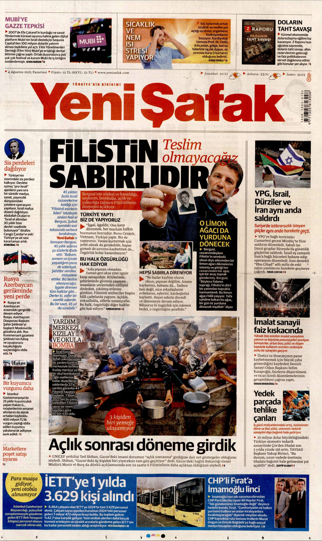 YENİ ŞAFAK gazetesinin 4 Ağustos 2025 tarihli birinci sayfası