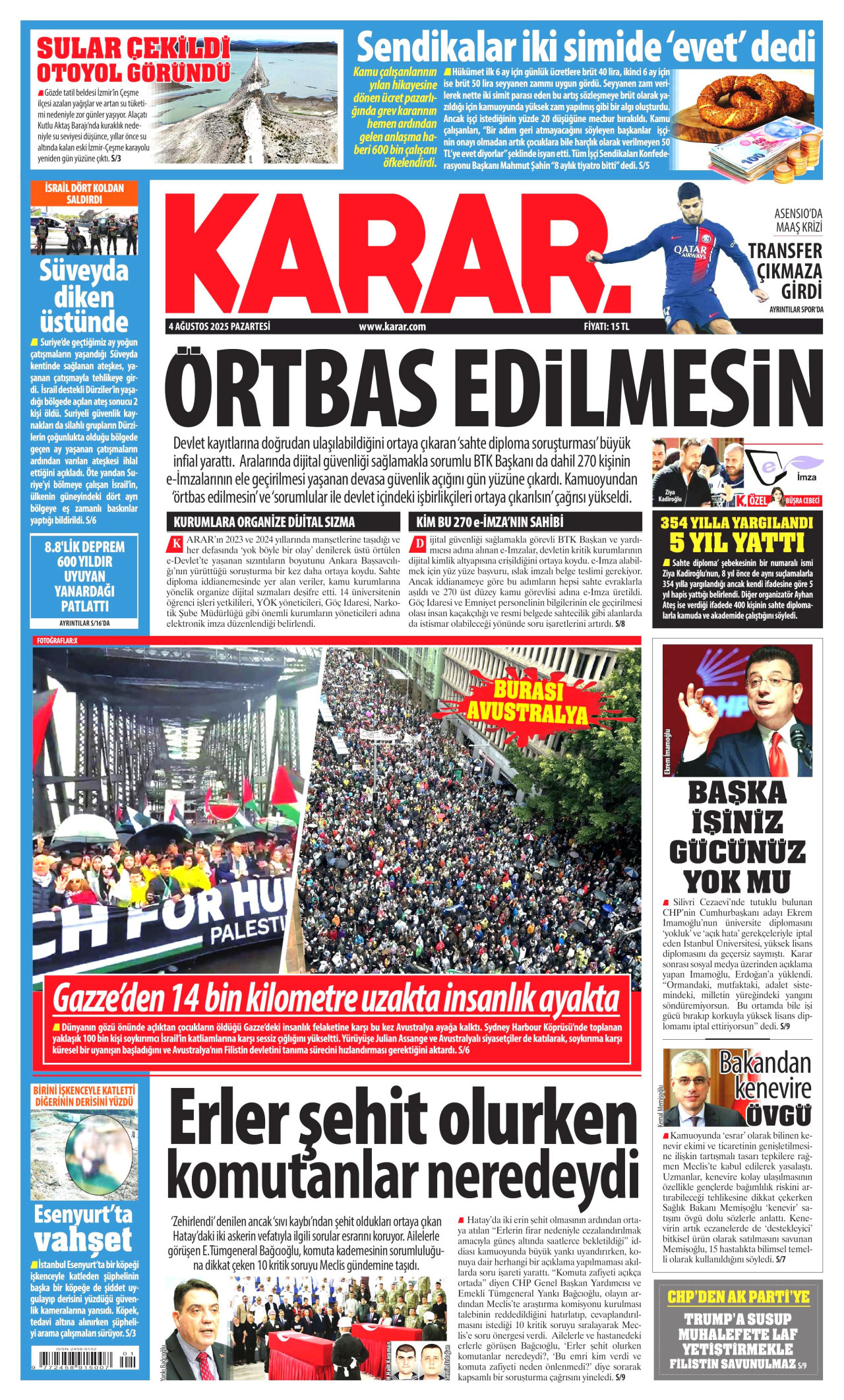 KARAR gazetesinin 4 Ağustos 2025 tarihli birinci sayfası