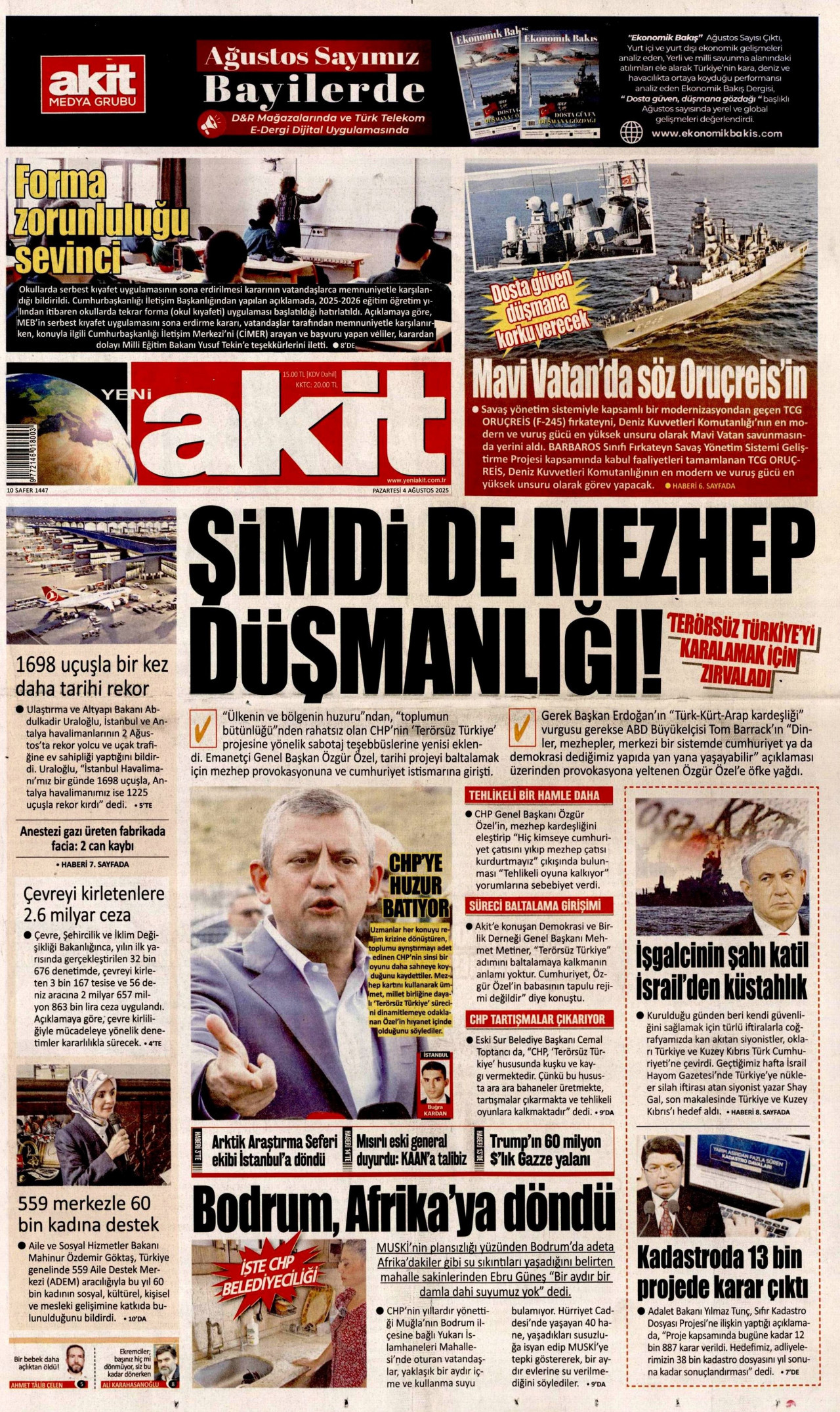 YENİ AKİT gazetesinin 4 Ağustos 2025 tarihli birinci sayfası