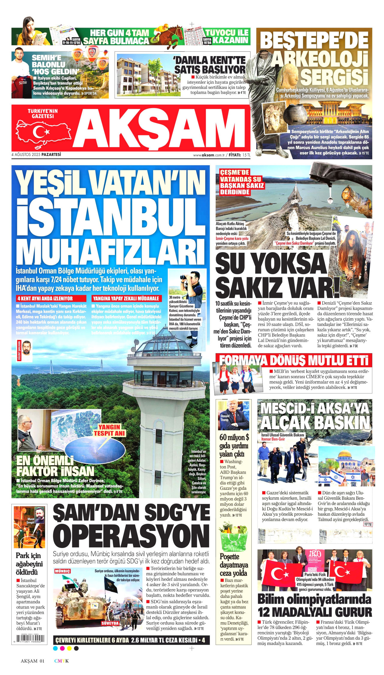 AKŞAM gazetesinin 4 Ağustos 2025 tarihli birinci sayfası
