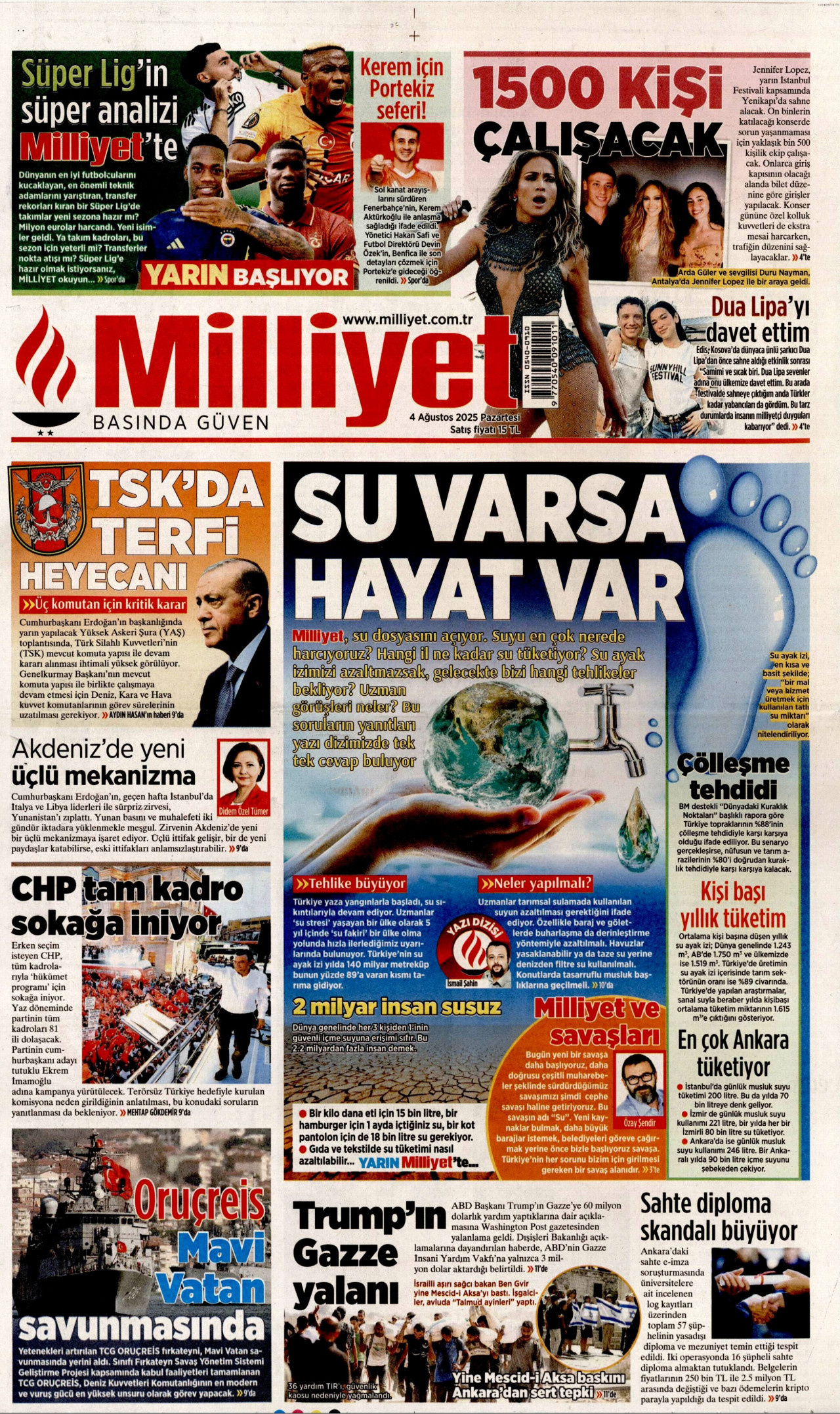 MİLLİYET gazetesinin 4 Ağustos 2025 tarihli birinci sayfası