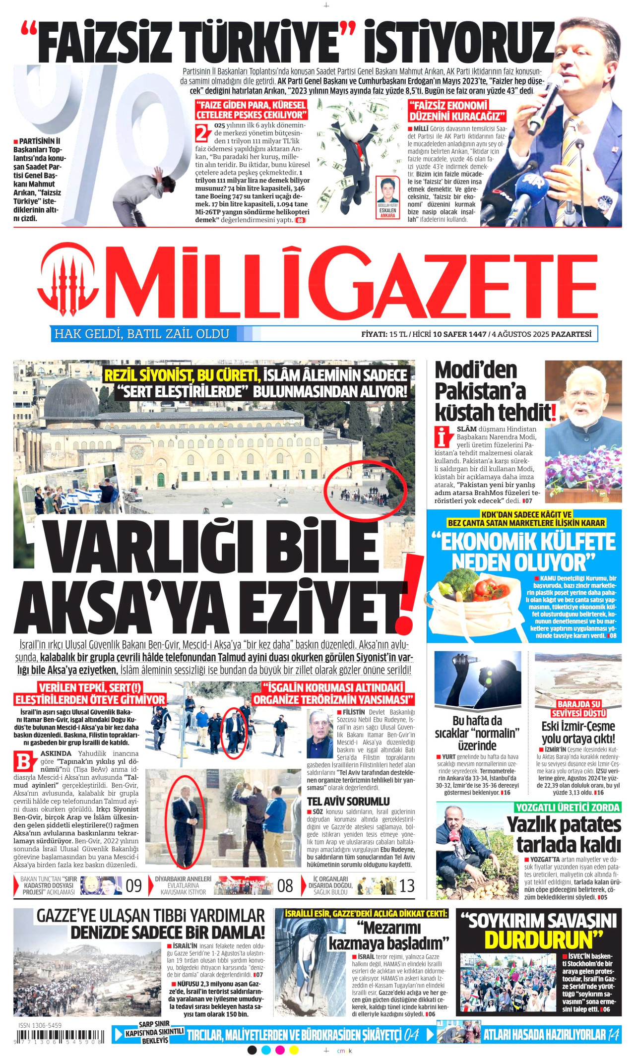 MİLLİ GAZETE gazetesinin 4 Ağustos 2025 tarihli birinci sayfası